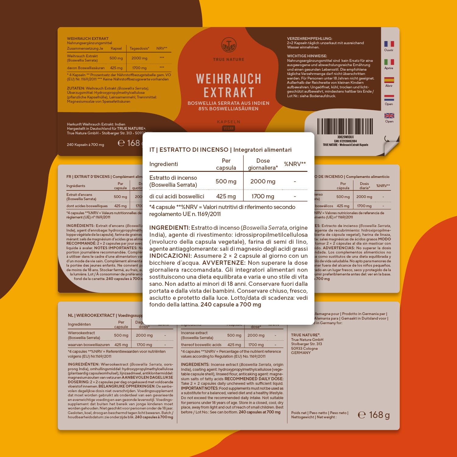 Boswellia Serrata - 240 Capsule - 20.000 mg - Alto dosaggio (10:1) - incenso integratore - Vegan, Testato in Laboratorio, Produzione Tedesca - TRUE NATURE®