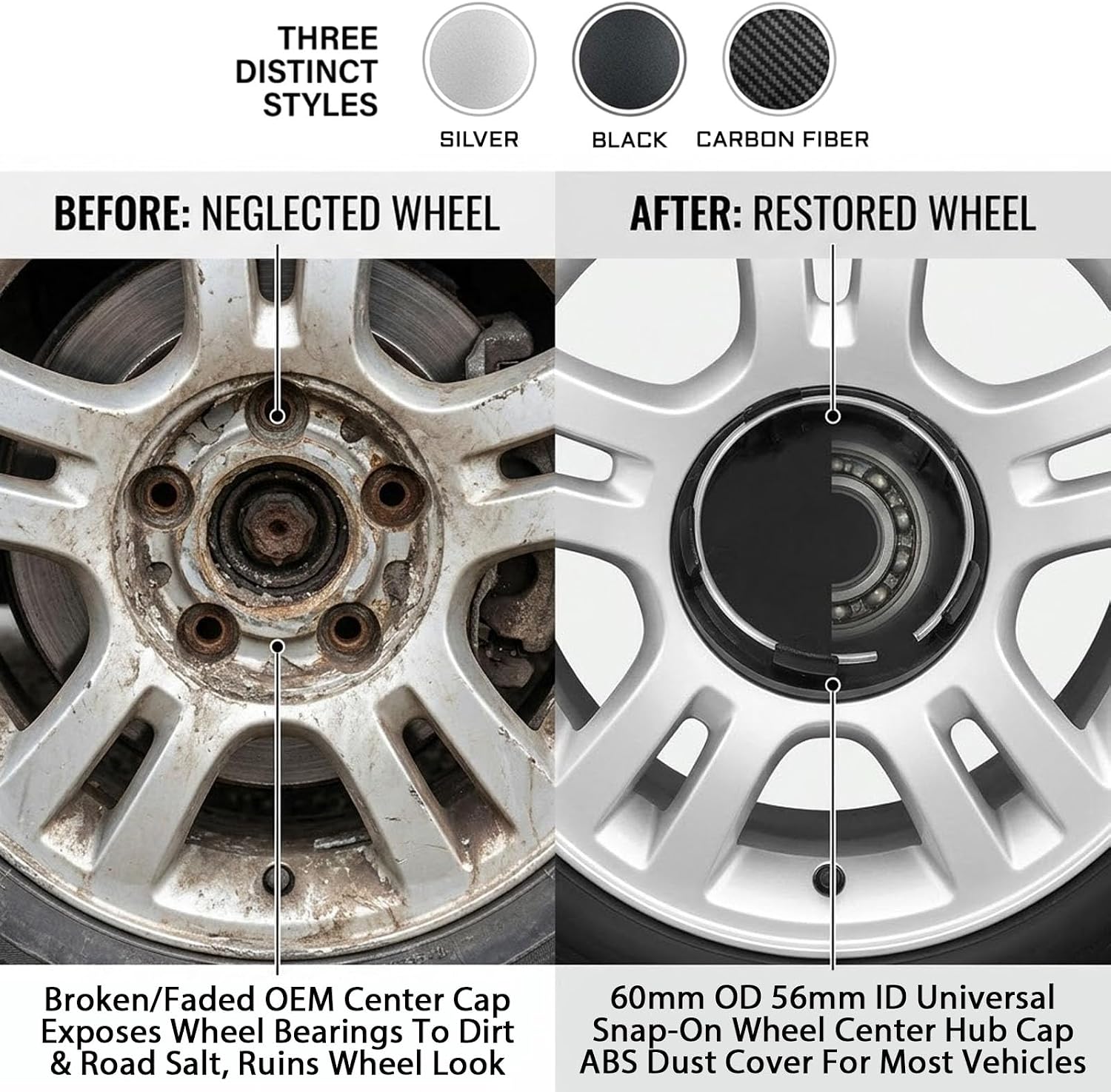 4 PCS Car Wheel Center Caps, Center Caps for Rim 60MM/2.36In OD 56MM/2.2In ID, ABS Snap-in Rim Hub Cover, Rustproof Dustproof Wheel Hub Decoration, Universal for Car SUV Truck (Black)