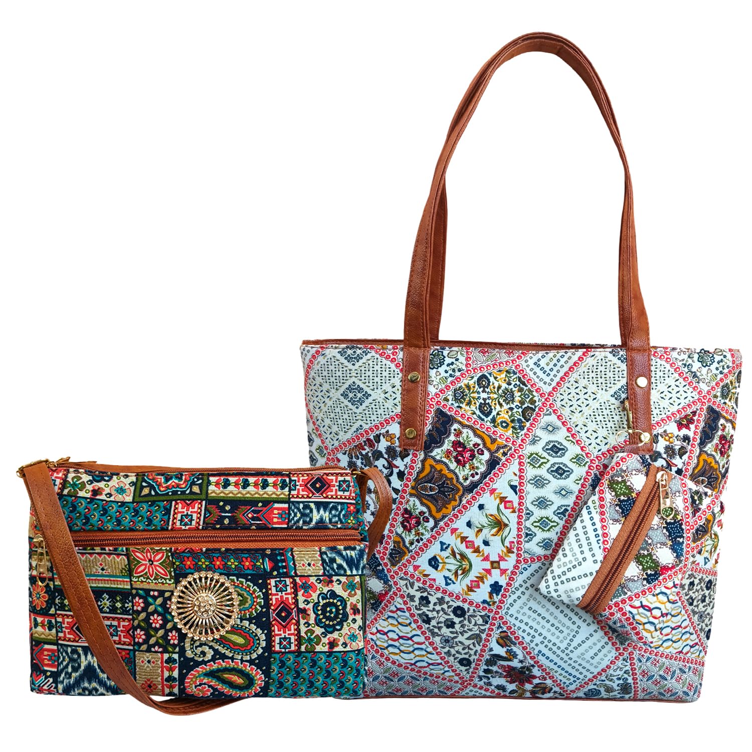 Women's Ethnic Printed Combo Tote Bag & Sling Purse Set with Multiple Zip Compartments, Leather Handles, Adjustable Strap, Spacious Shoulder Carry Handbag for Office, College, Travel & Daily Use-image-41
