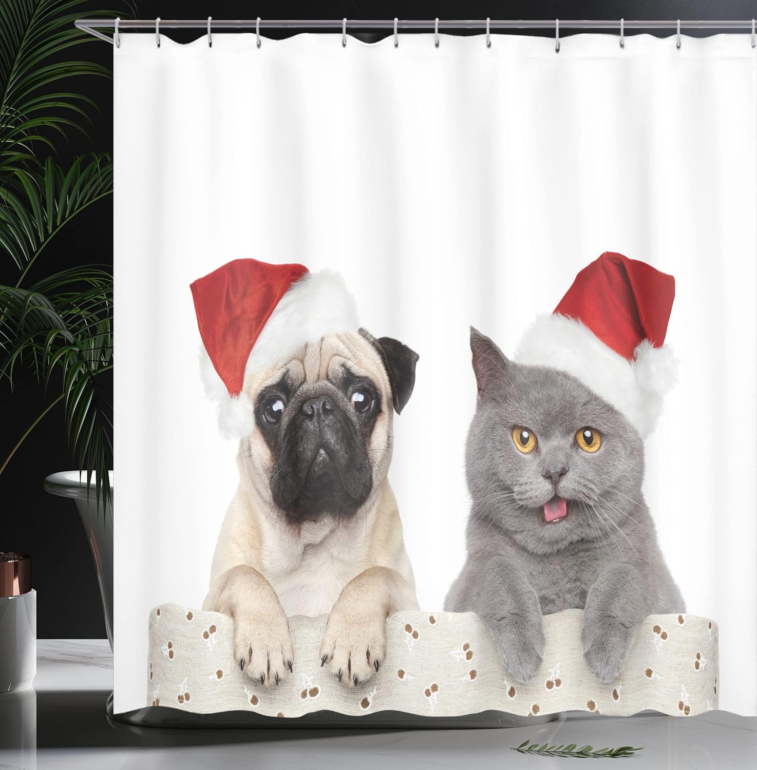 Ambesonne Pug Shower Curtain, Christmas Themed Animal Photography a Cat and Dog Wearing Santa Hats Print, Cloth Fabric Bathroom Decor Set with Hooks, 69" W x 84" L, Cream Grey