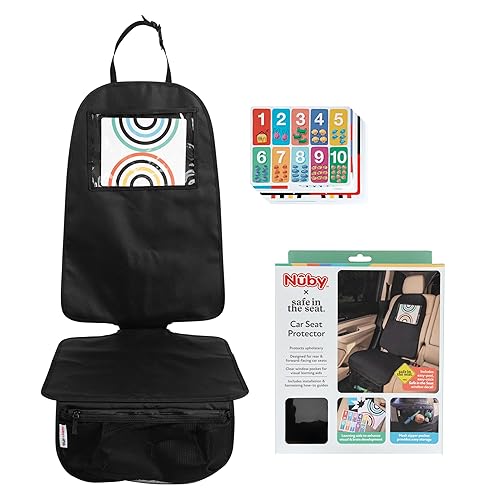 Nuby Protector de asiento de coche seguro en el asiento, compatible con asientos de automóvil traseros y hacia adelante, bolsillo de aprendizaje