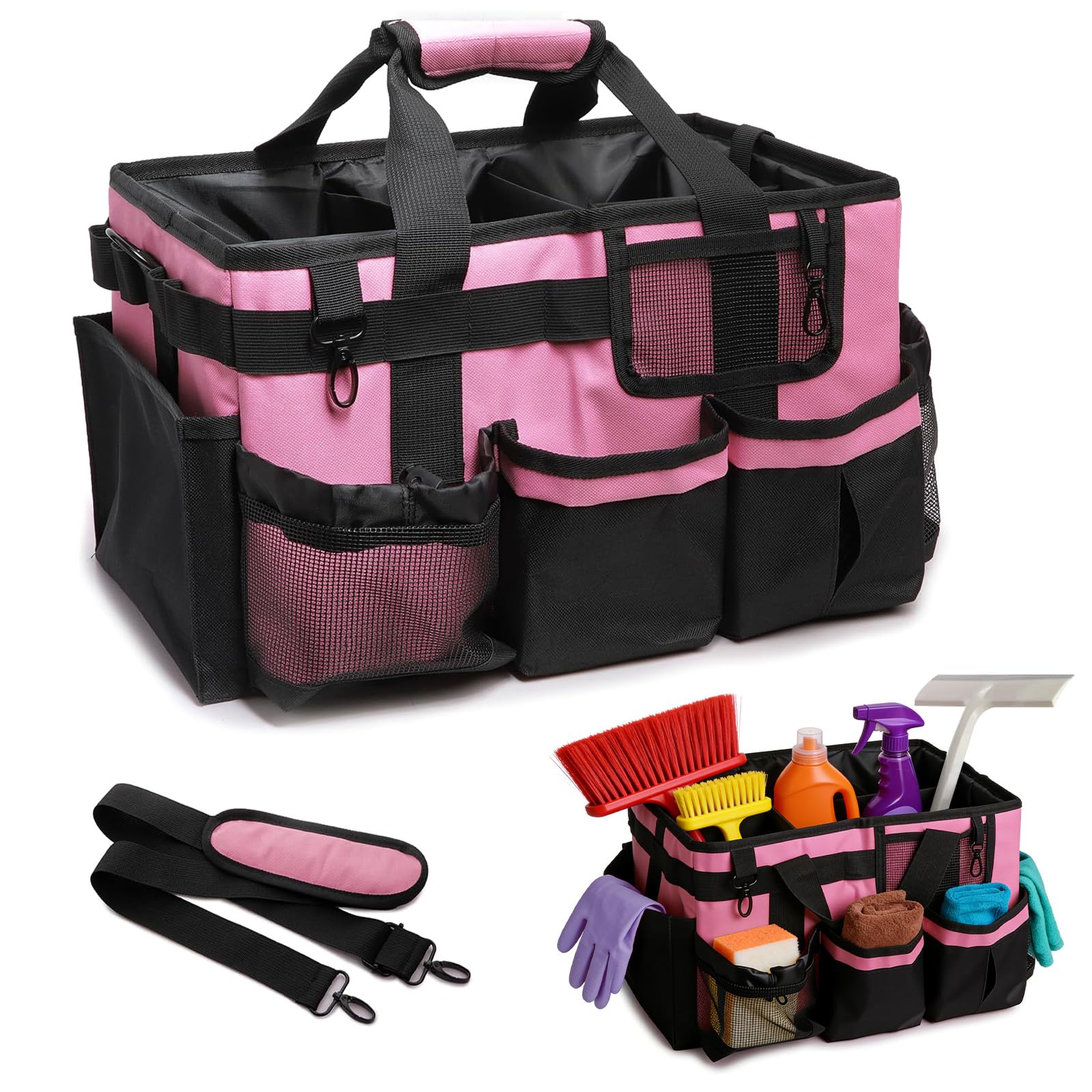 Winmist Glimpse Pink Cleaning Caddy Bag with Crossbody Strap & Handles, Wearable Large Capacity Tool Organizer Tote for Housekeepers, Car Detailing, Garden, Home – 36x26x23.5 cm