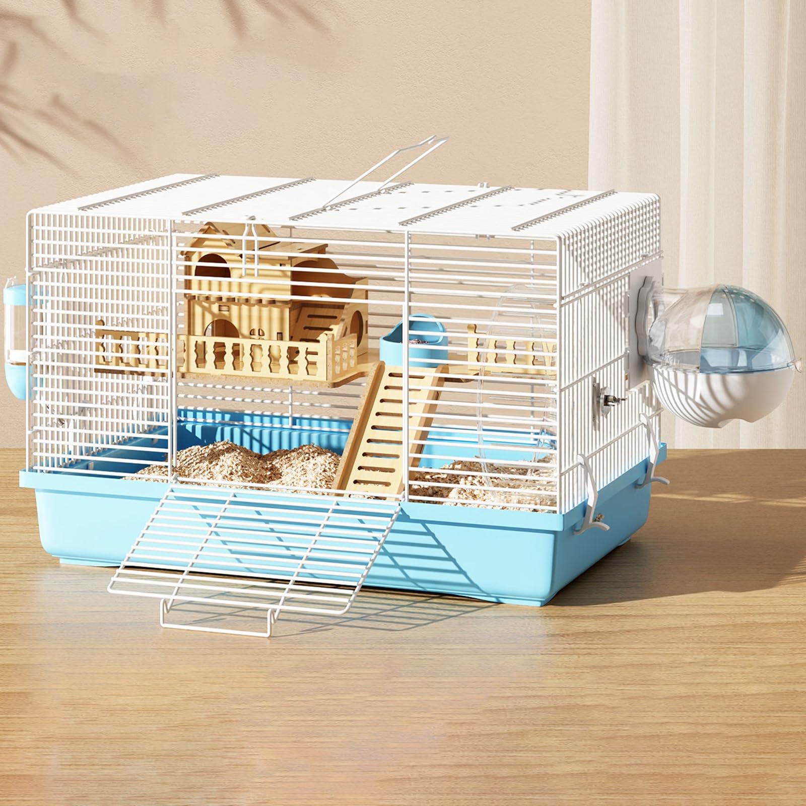 Wire Hamster Cage with Portable Carry Handle, Small Animal Cage with Water Bottle Food Dish Exercise Wheel, Gerbil Haven Habitat with External Bathroom(Blue)