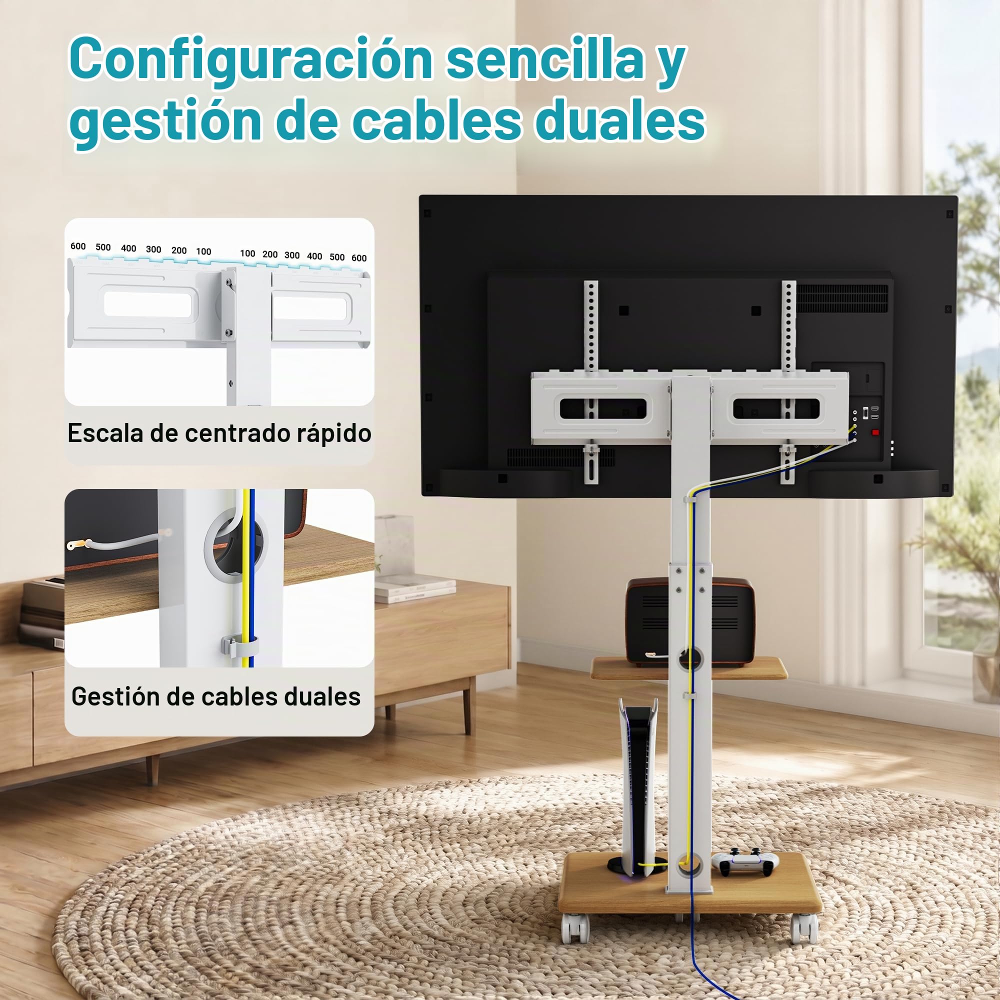 BONTEC Soporte TV de Suelo Blanco con Base de Madera y 5 Ruedas, Carro TV Móvil para 32 a 80 Pulgadas, VESA 600x400 mm, Carga 60 kg, Altura Ajustable 1210 a 1500 mm, Giro e Inclinación | Carrito de TV enrollable con cinco ruedas de 6,3 cm, altura regulabl
