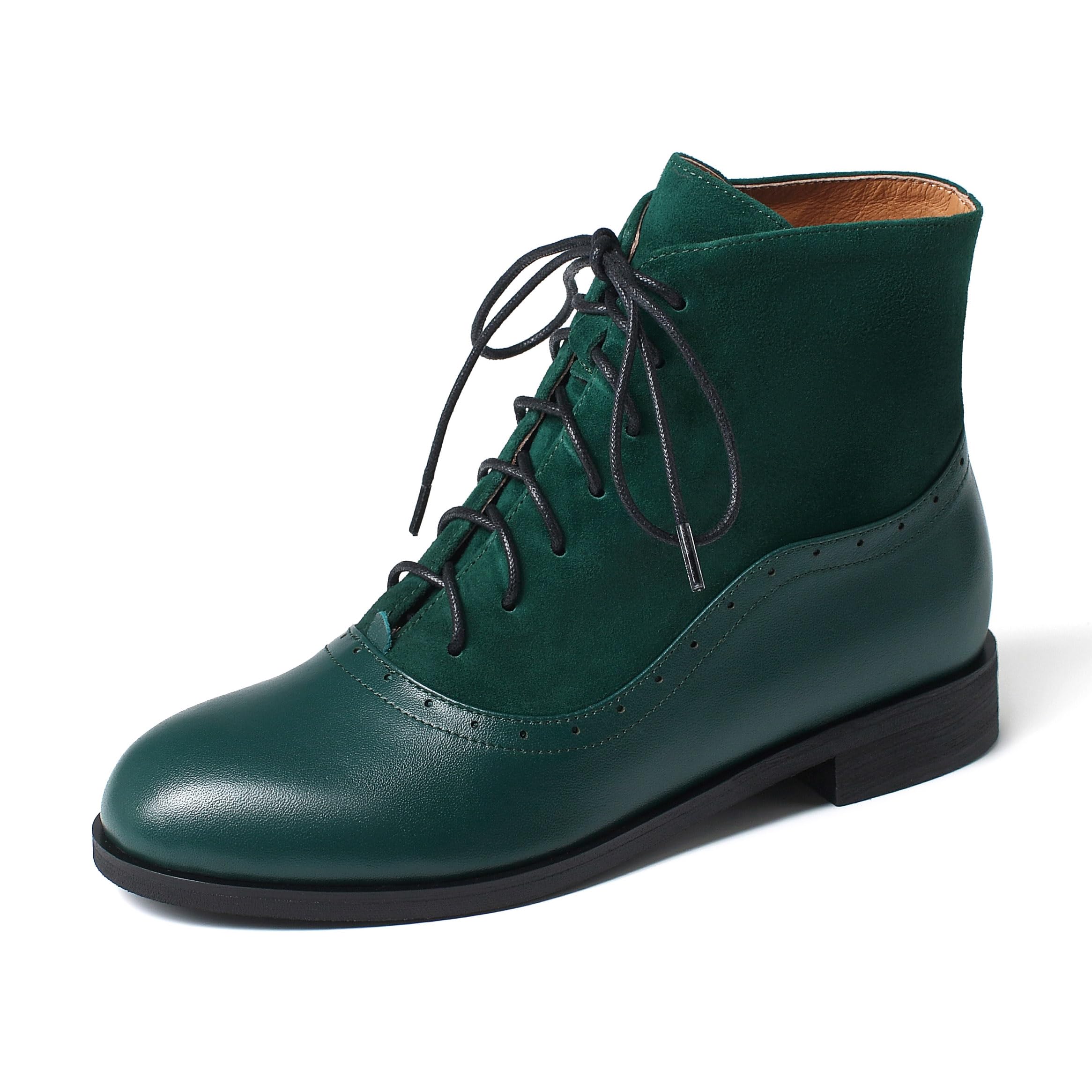 Sailimy Women's Leather Ankle Boots Low Heel Oxford Flat Short Boots Perforated Lace Up Side Zipper Booties