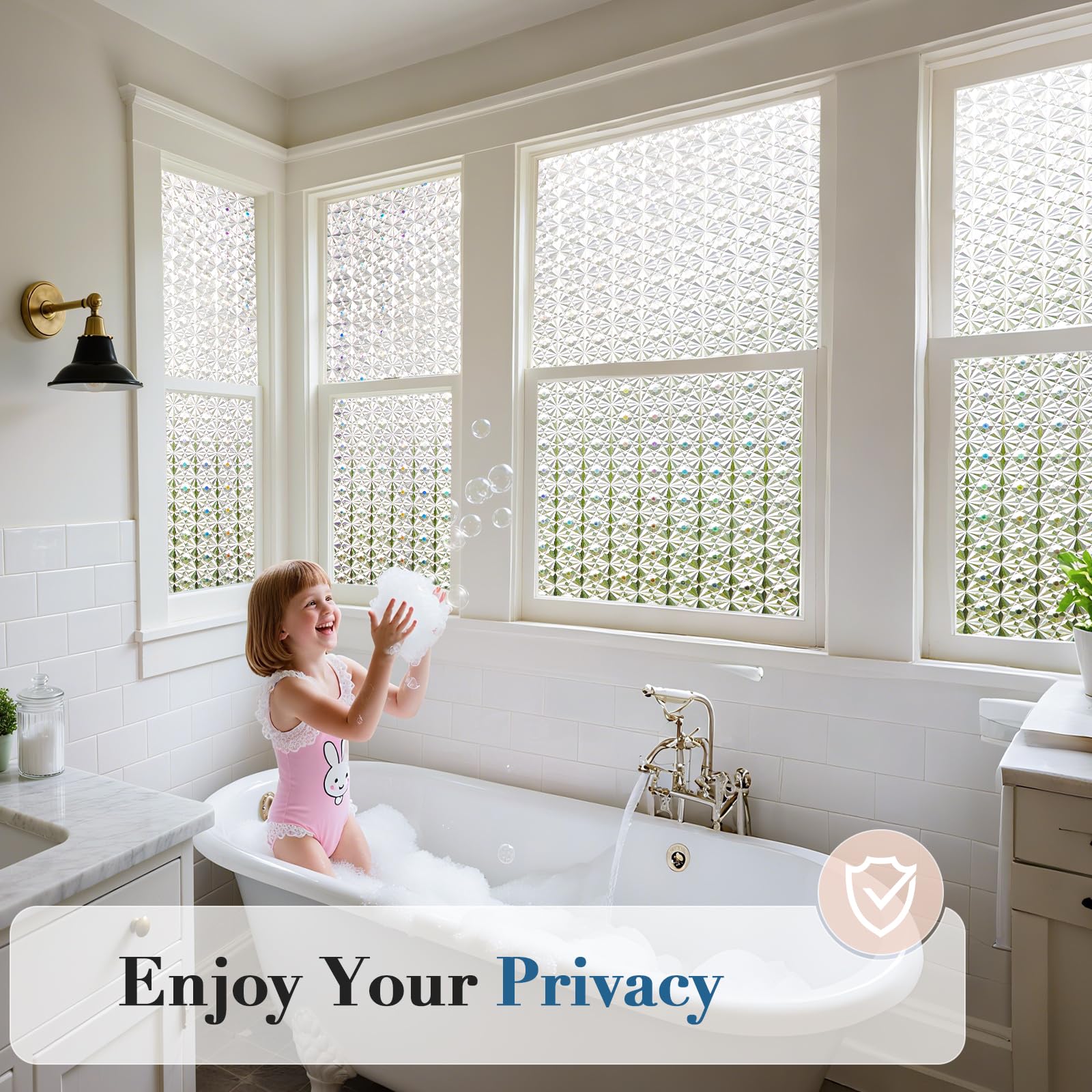 Windimiley 3D-Diamant-Milchglas-Fenster-Sichtschutzfolie, statisch haftend, kein Kleber, entfernbares Vinyl, UV-blockierend, Hitzekontrolle, mietfreundlich, dekorative Abdeckung für Badezimmer