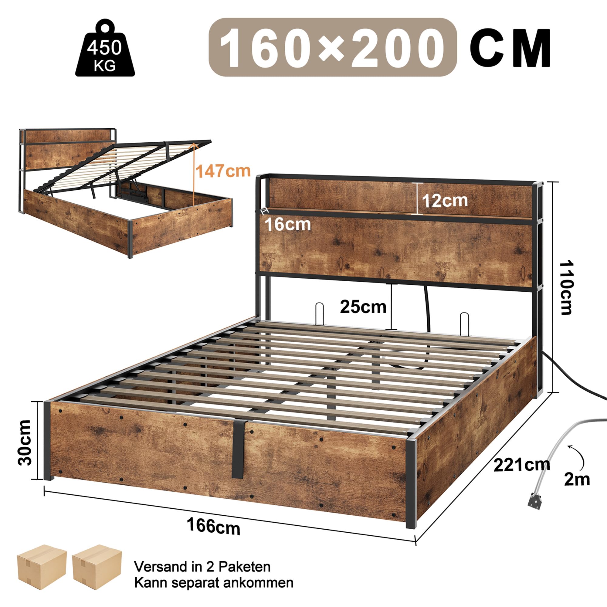 LUXOAK Bett 160x200 mit Stauraum und Hebemechanismus, Plattformbett mit Kopfteil aus Holz, Staufächern und Ladestation, Ohne Matratze (Braun, 160x200cm)