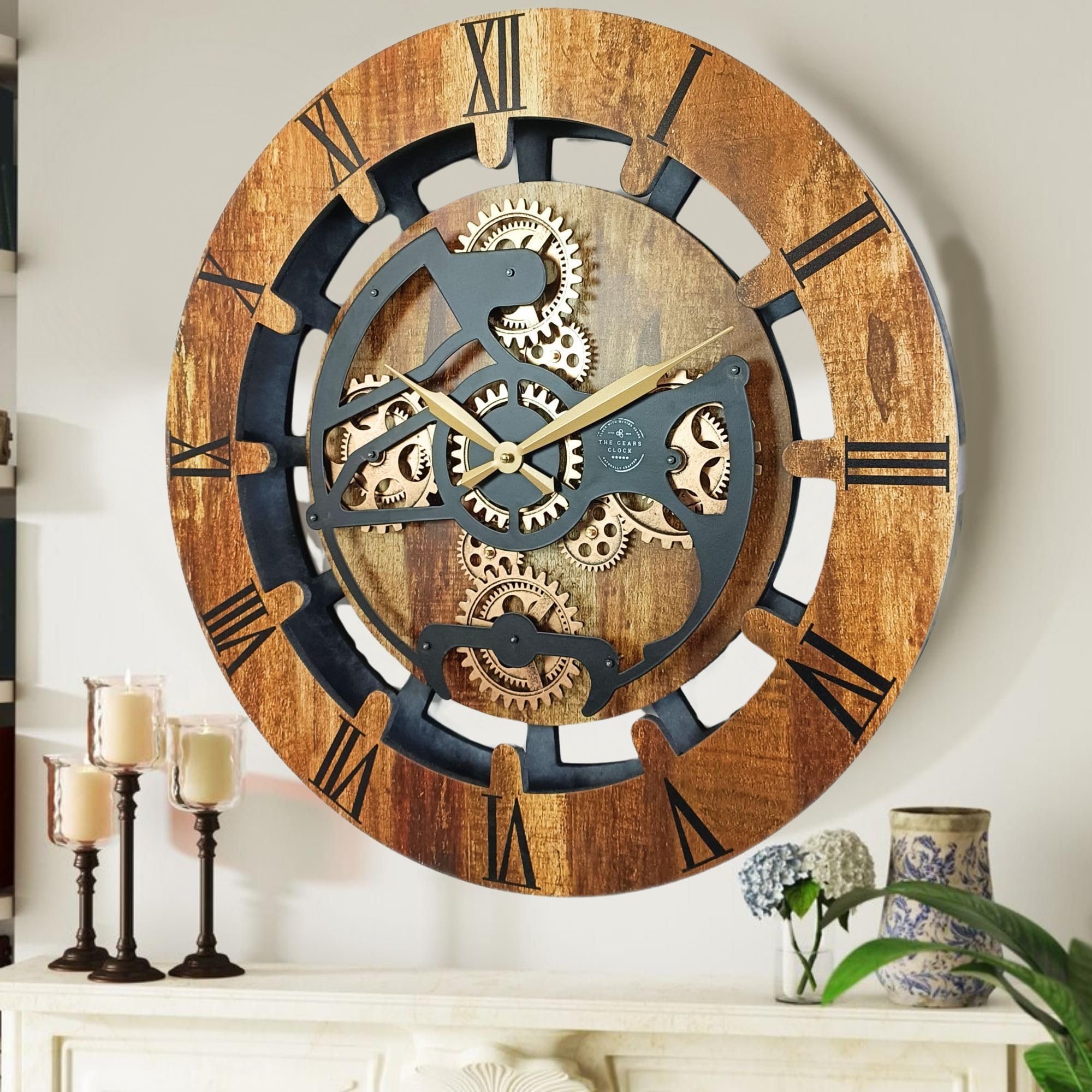THE GEARS CLOCK Wall Clock with Real Moving Gears Canada Line 24 inch Round Vintage Brown 24 inches