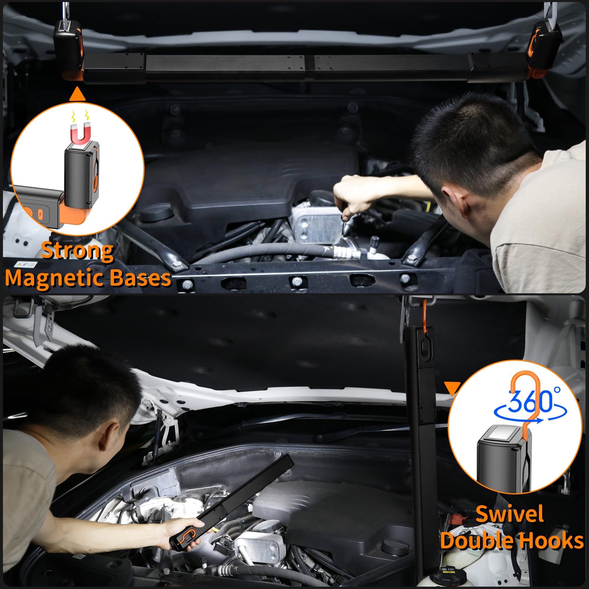daphomeu Abnehmbar Motorraumleuchte Aluminiumblech, LED Arbeitsleuchte Wiederaufladbar, Helle Motorhaubenleuchte mit magnetischen und Haken, Kabellose Werkstattlampe für Motorhaube Werkstatt Garage