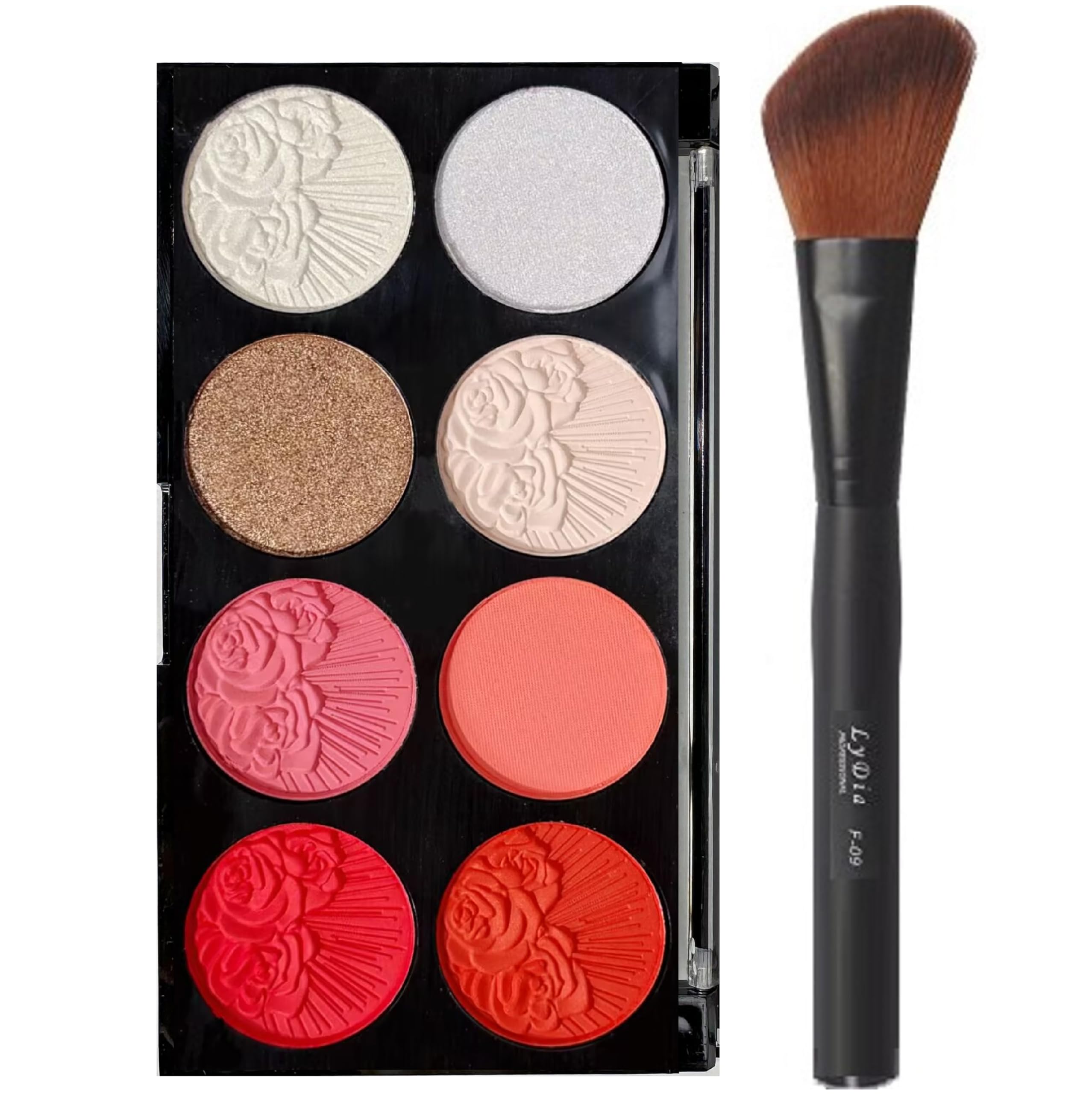 8 Colours Pressed Powder Blush Palette Face Highlighter Bronzer/Contour Kit + LyDia® Angled Black Flawless Face Blush/Powder Makeup Brush