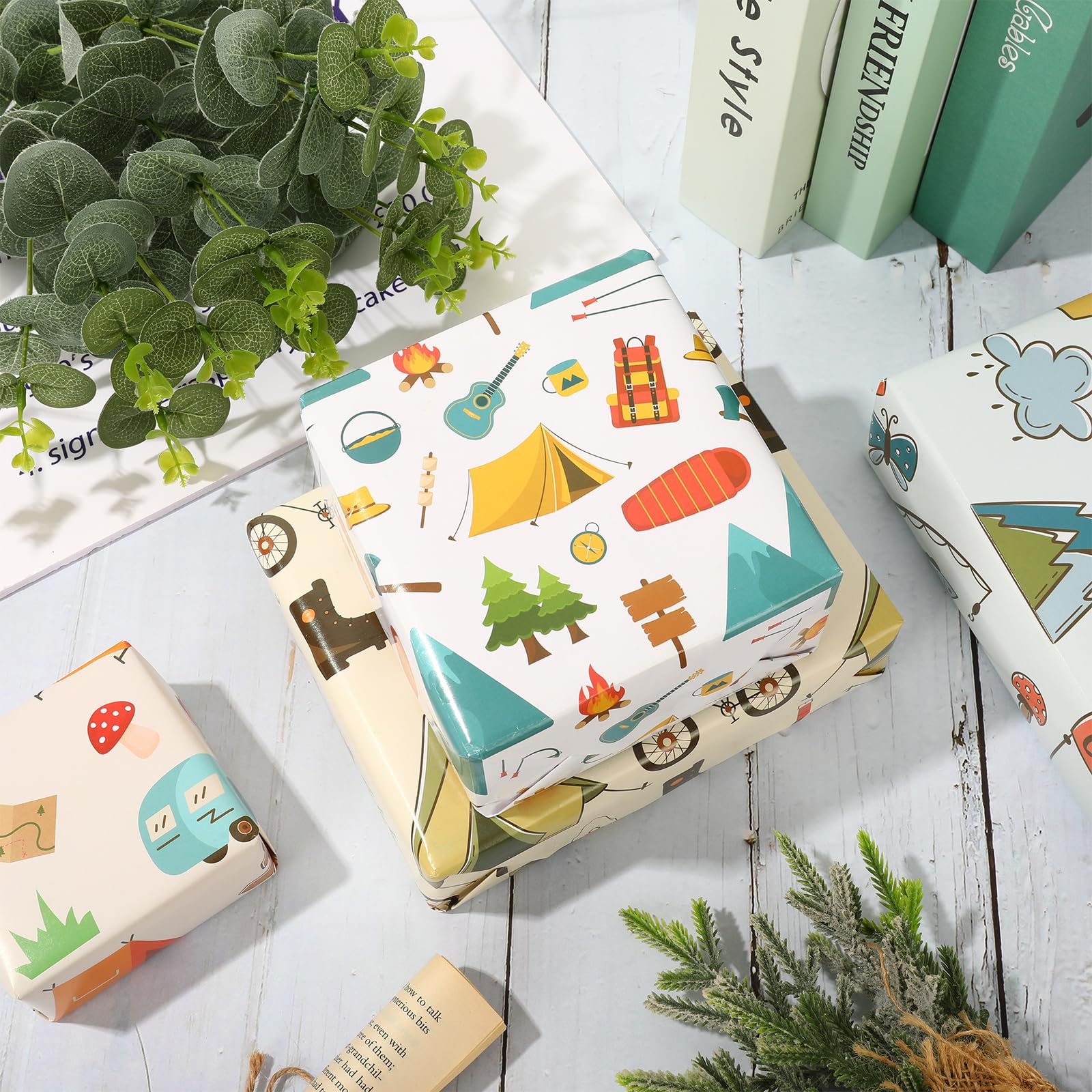 AnyDesign 12 SheetITSC Boho Christmas Wrapping Paper Vintage Flower Rainbow Xmas Tree Gift Wrap Paper Bulk Retro Art Paper Birthday Baby Shower