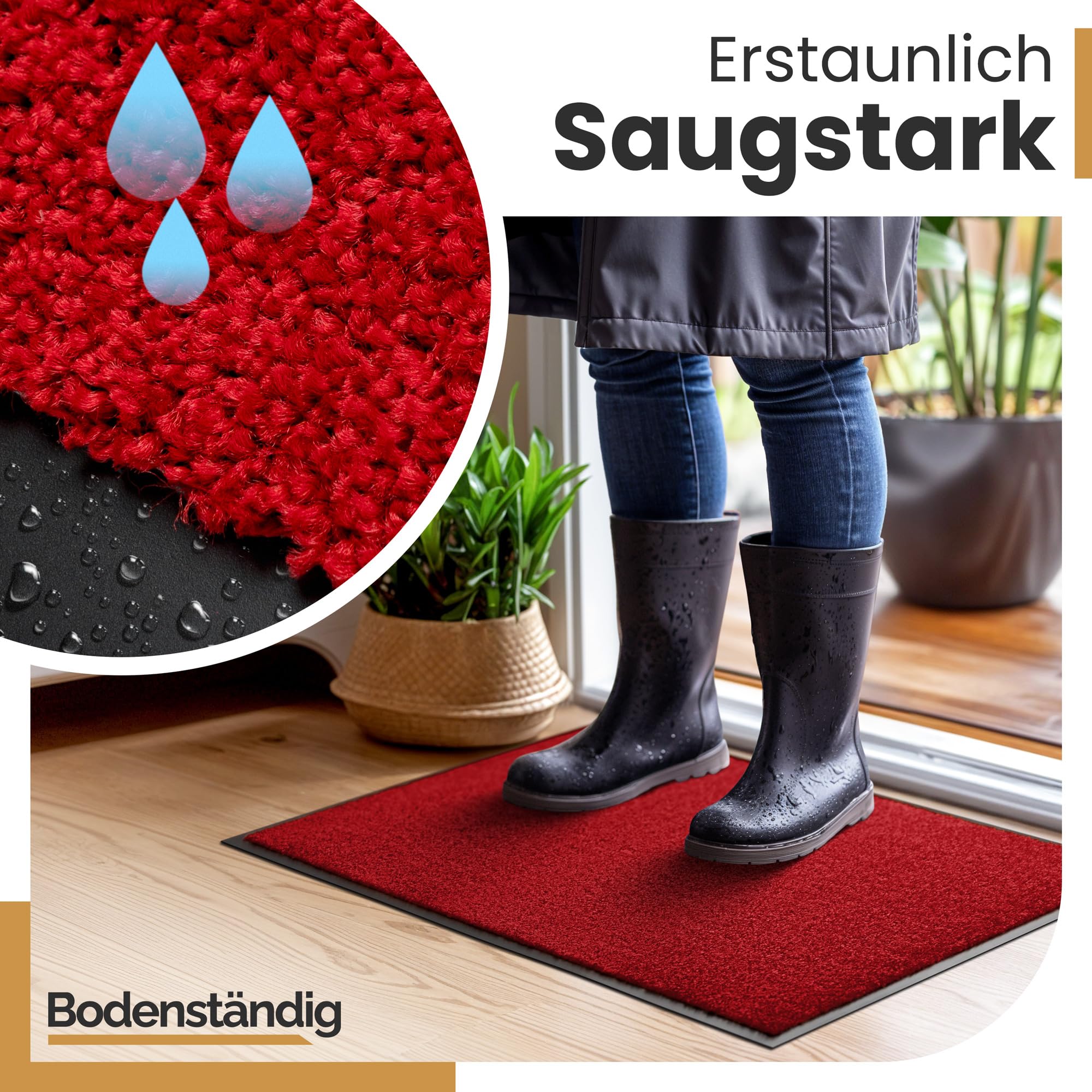 Bodenständig Pulito da fulmine: lo zerbino definitivo per interni – rosso in parte superiore in tessuto assorbente 90 x 150 cm, perfetto come zerbino per interni ed esterni coperti.