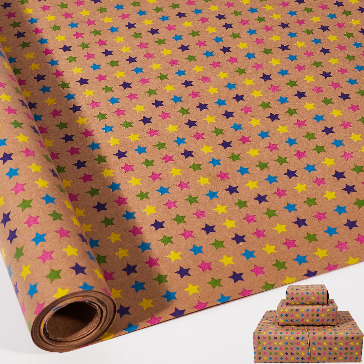 Stars Wrapping Paper Roll,43cm*10m Colorful Birthday Wrapping Paper,Kraft Wrap Paper for Birthday,Gift Decorations, Christmas,Baby Shower, Party,Festive (star)