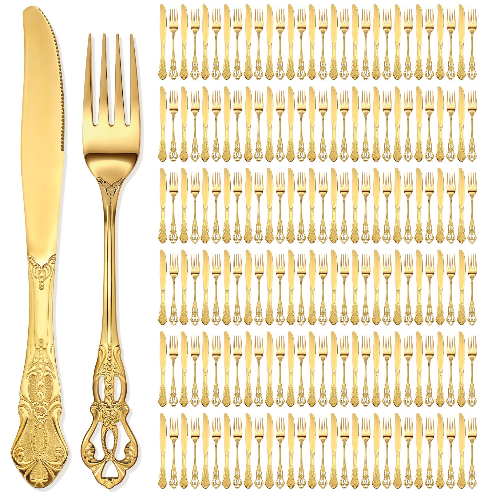 Dandat 200 Pcs Forks and Knives Cutlery Set Stainless Steel Steak Knives Forks Flatware Royal Silverware Set for Wedding Party Restaurant Dishwasher Safe (Gold)