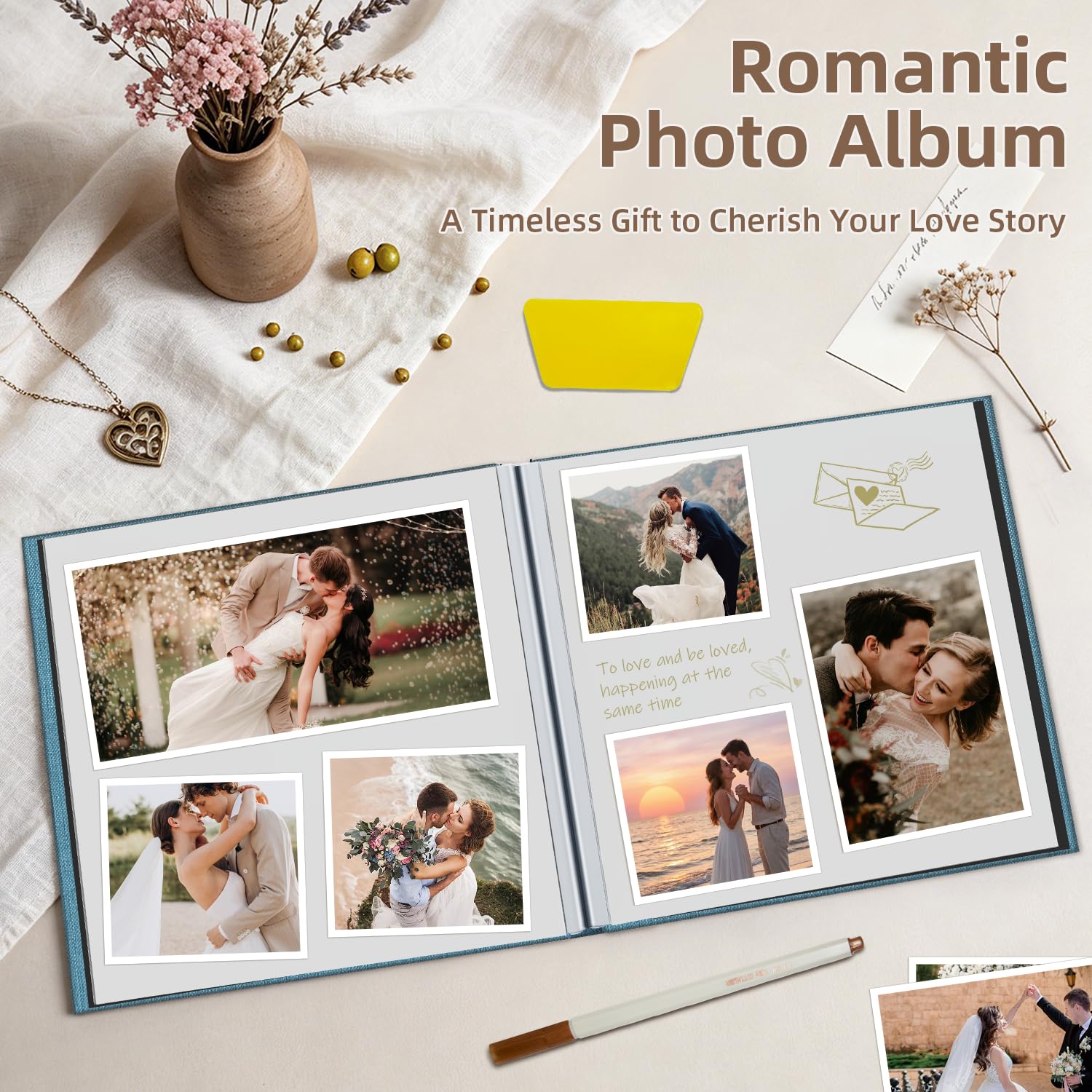 popotop Album fotografico autoadesivo in lino, 15 x 10 cm, 15 x 18 cm, 20 x 25 cm, 40 pagine, album fotografico personalizzato per matrimoni, bambini, viaggi, Polaroid, con raschietto e penna