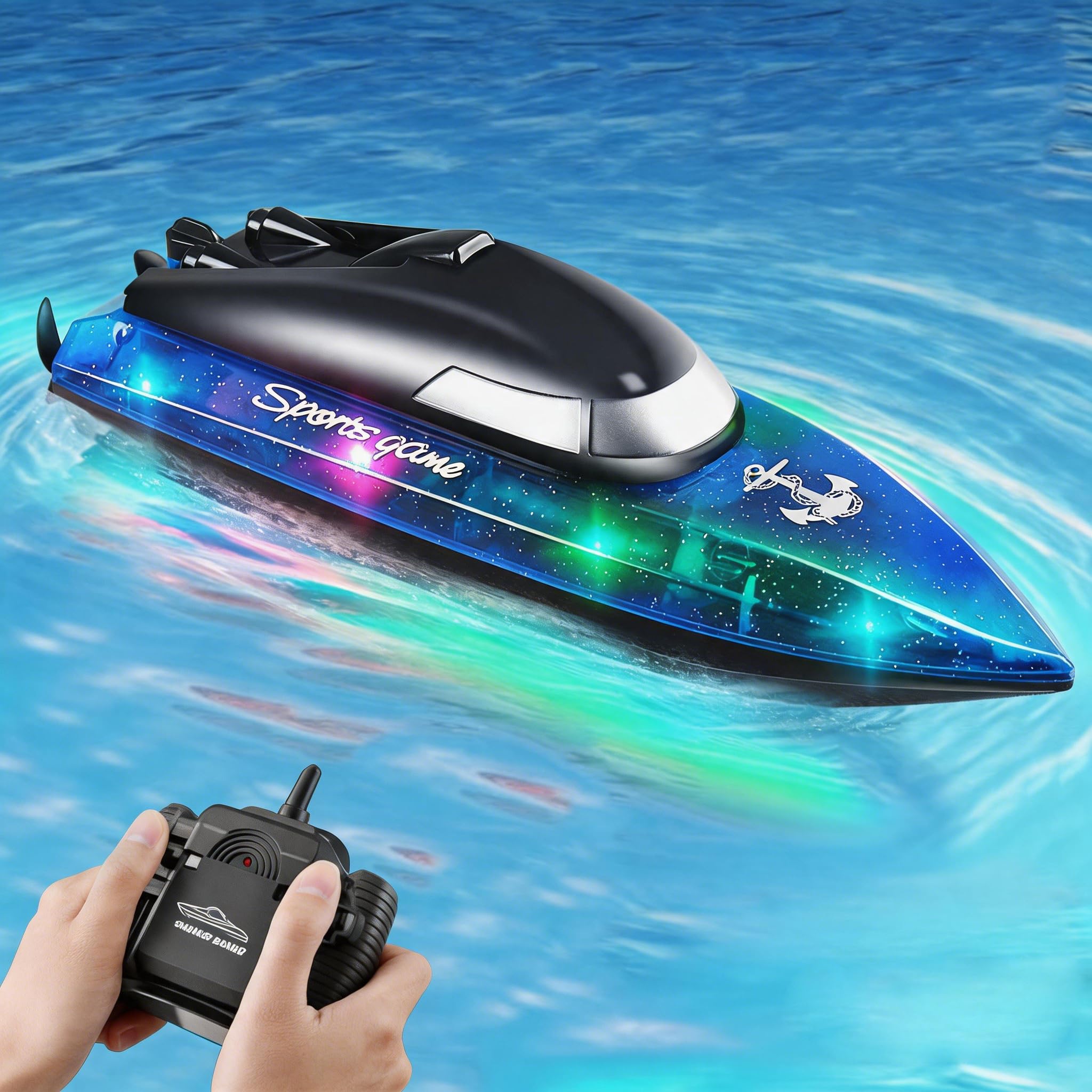 Bateau Télécommandé Autonomie 100min, 2.4GHz Grande Vitesse Bateau RC Anti-basculement avec Lumière LED Piles Rechargeables Lac Piscine étang Rivière RC Boat pour Enfants
