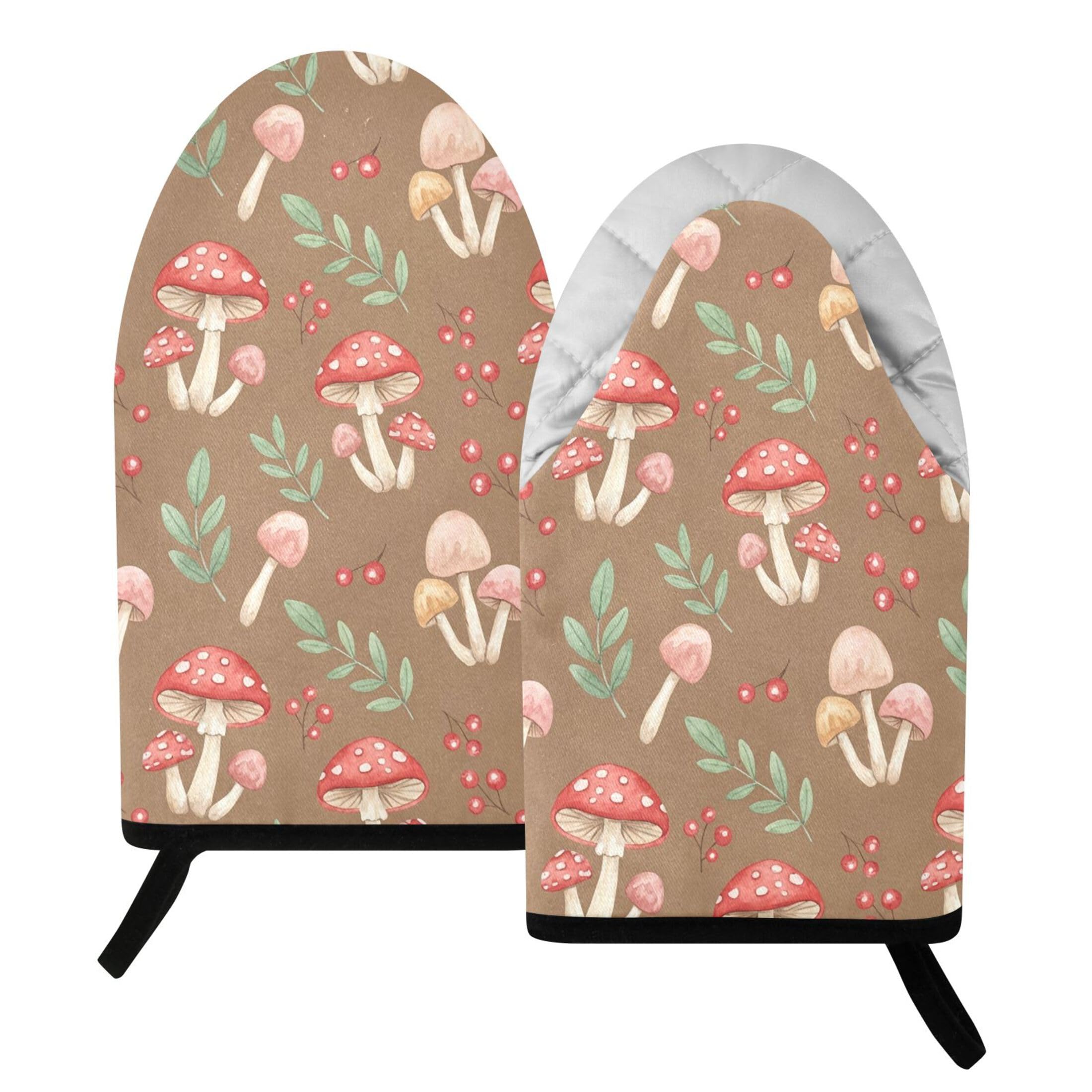 Kutsu Mushrooms Oven Mitts for Kitchen, Heat Resistant Cotton Oven Gloves for BBQ Baking Cooking, Breathable Kitchen Essentials, 2 pcs
