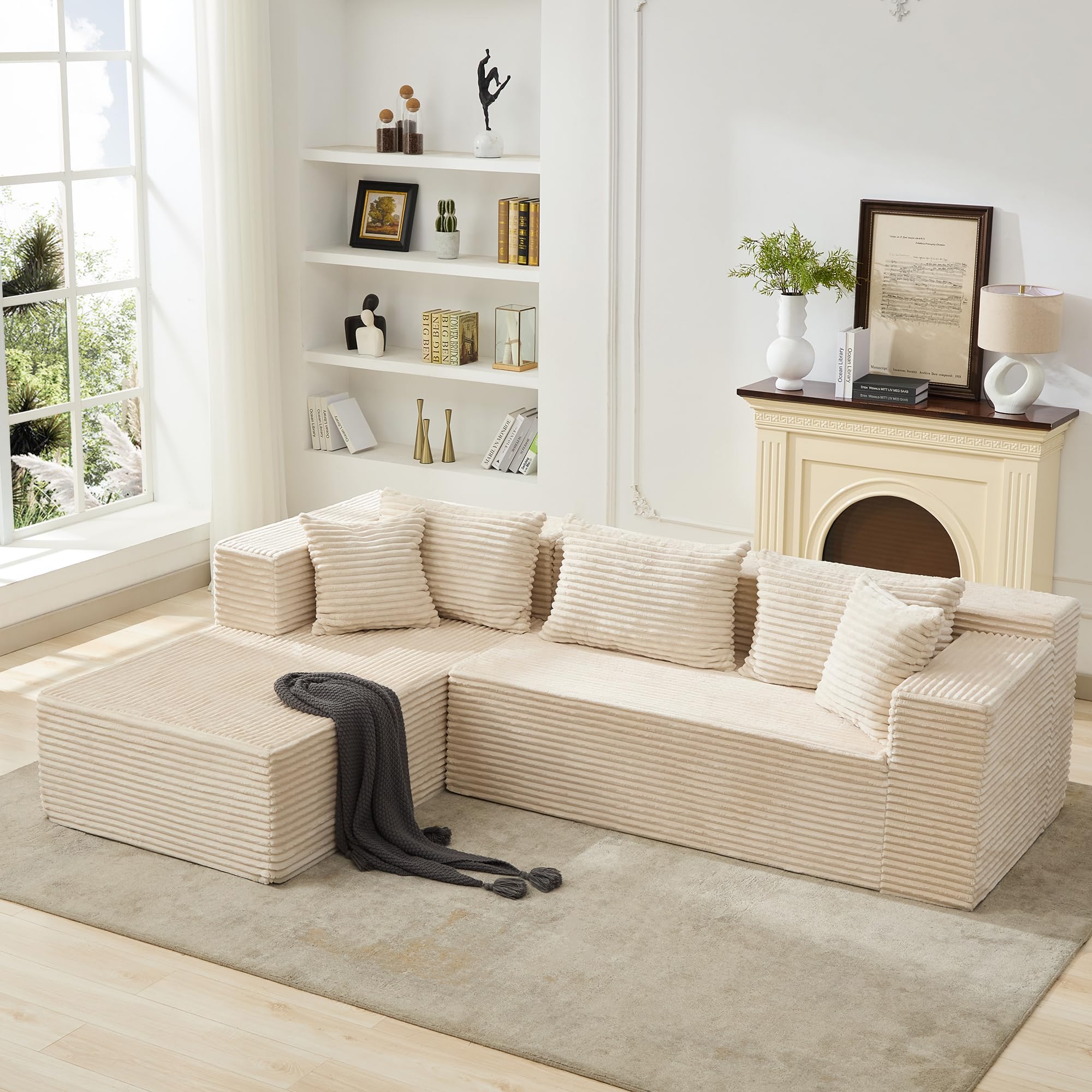 GarveeHome Gemütliches Cloud Ecksofa – 106" Modulares L-förmiges Sofa für Wohnzimmer – Tiefe Sitzfläche, Boneless Design, linksseitige Chaise, Cord-Stoff, 5 Kissen, kein Aufbau nötig – Beige