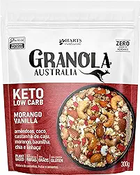 Hart's Natural Granola Australia Keto Low Carb Morango e Baunilha - Granola Sem Açucar, Sem Lactose, Sem Glúten, Vegano - 100% Natural - Alto em Fibras - 300g