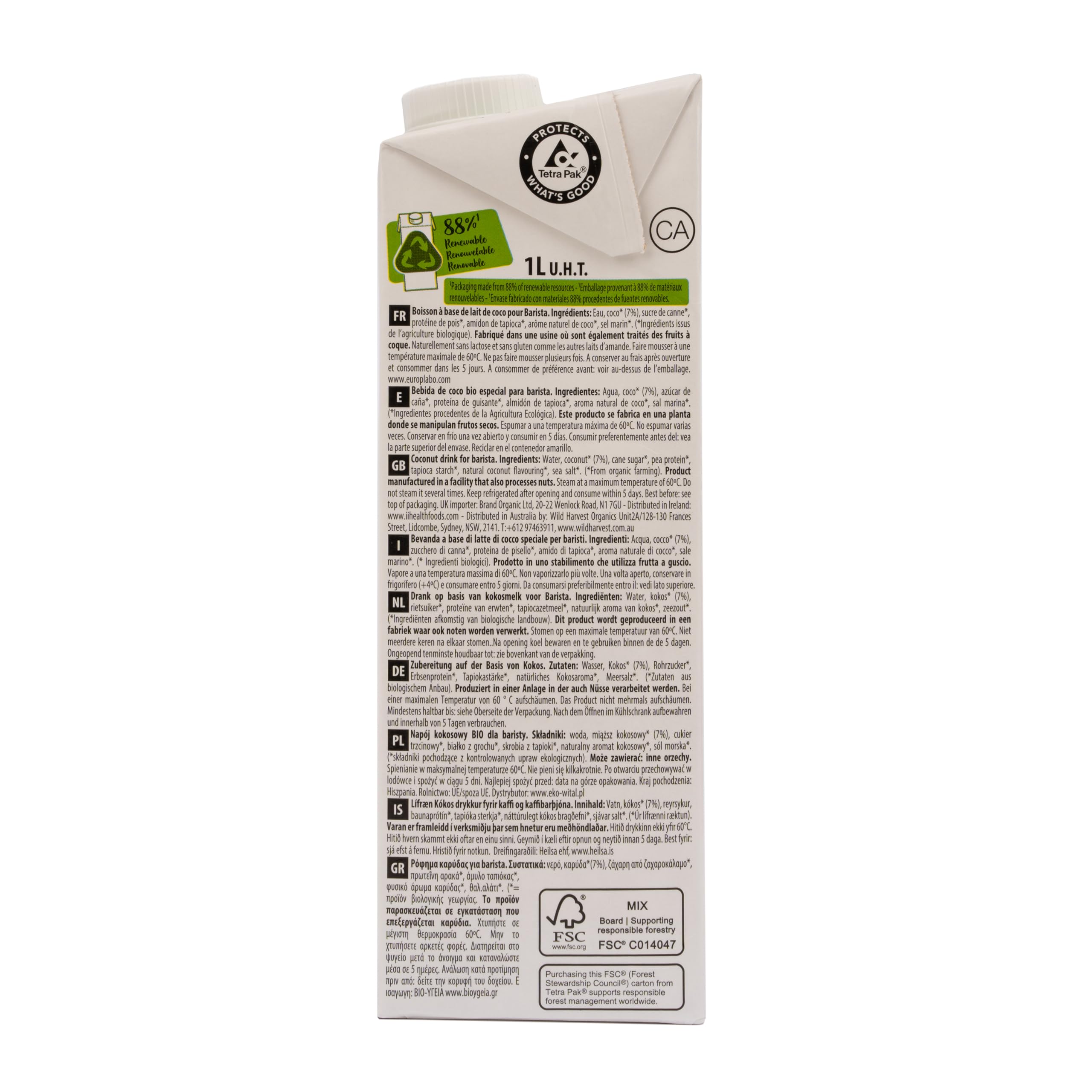 Ecomil Bebida Vegetal Barista de Coco Bio Pack 6 x 1L, Sin Lactosa