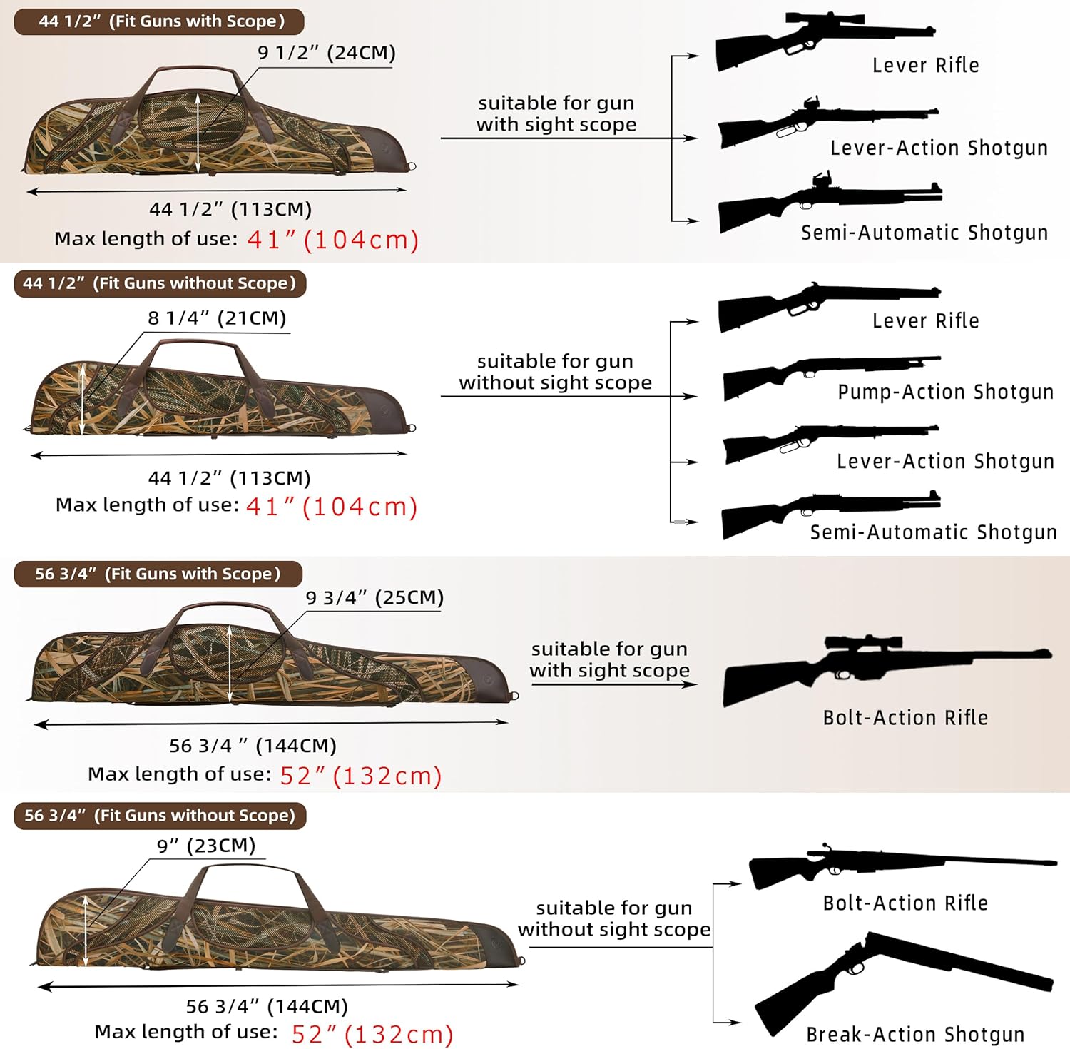 WAYNE'S DOG 44" / 56" Soft Gun Case for Scoped Rifle & Shotgun, Camouflage Gun Storage Bag for Bolt-Action Rifles, Break-Action Shotguns