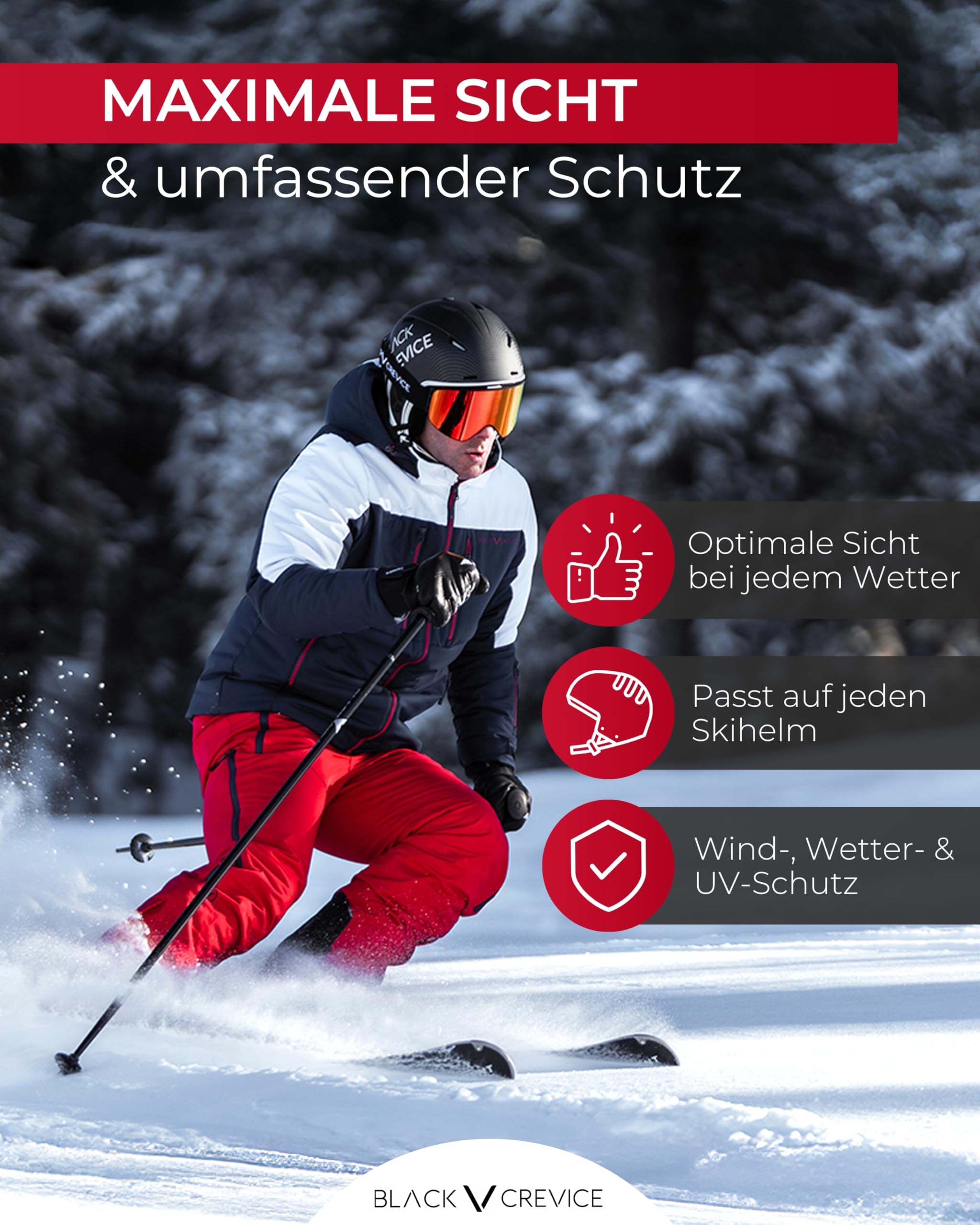 Black Crevice Skibrille I Unisex Skibrille mit rahmenlosen Design I Herren & Damen Skibrille mit UV 400-Schutz I Snowboardbrille mit sphärischen Gläsern I Verspiegelte Schneebrille