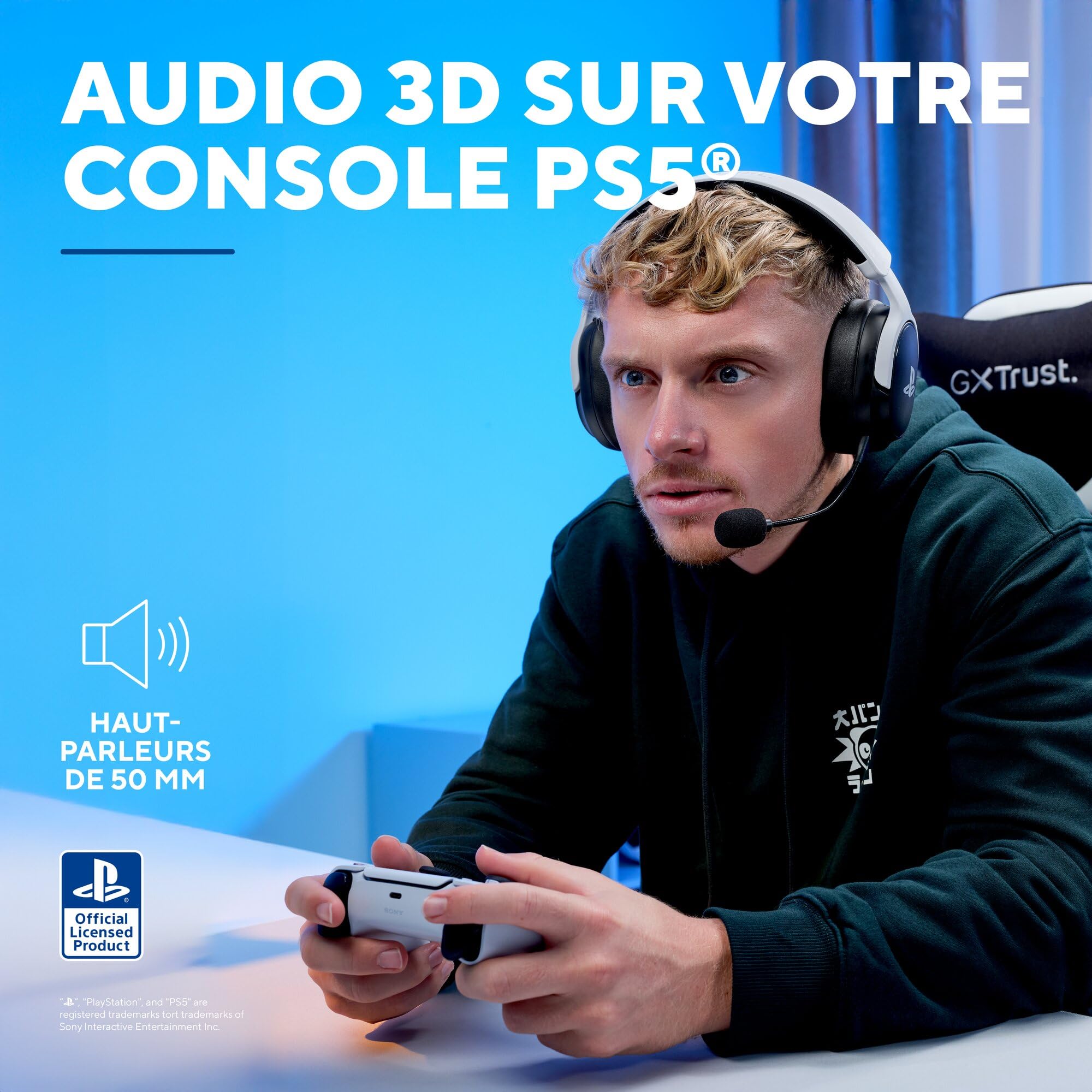 GXTrust Forta Casque sans Fil Licence Officielle PlayStation 5, Noir/Blanc | Faible Latence, 2.4G avec Récepteur USB, Autonomie de 55 Heures, Casque Gamer PS5 avec Microphone