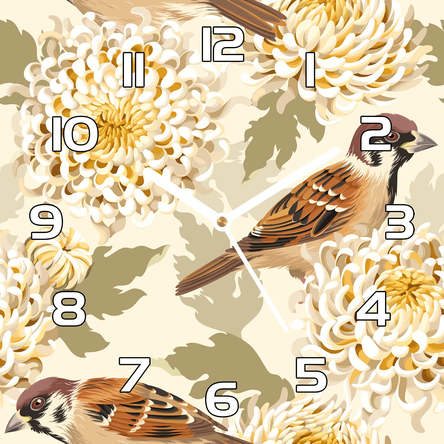 Horloge en verre Coloray 30x30 cm avec aiguilles noires motif oiseaux dorés