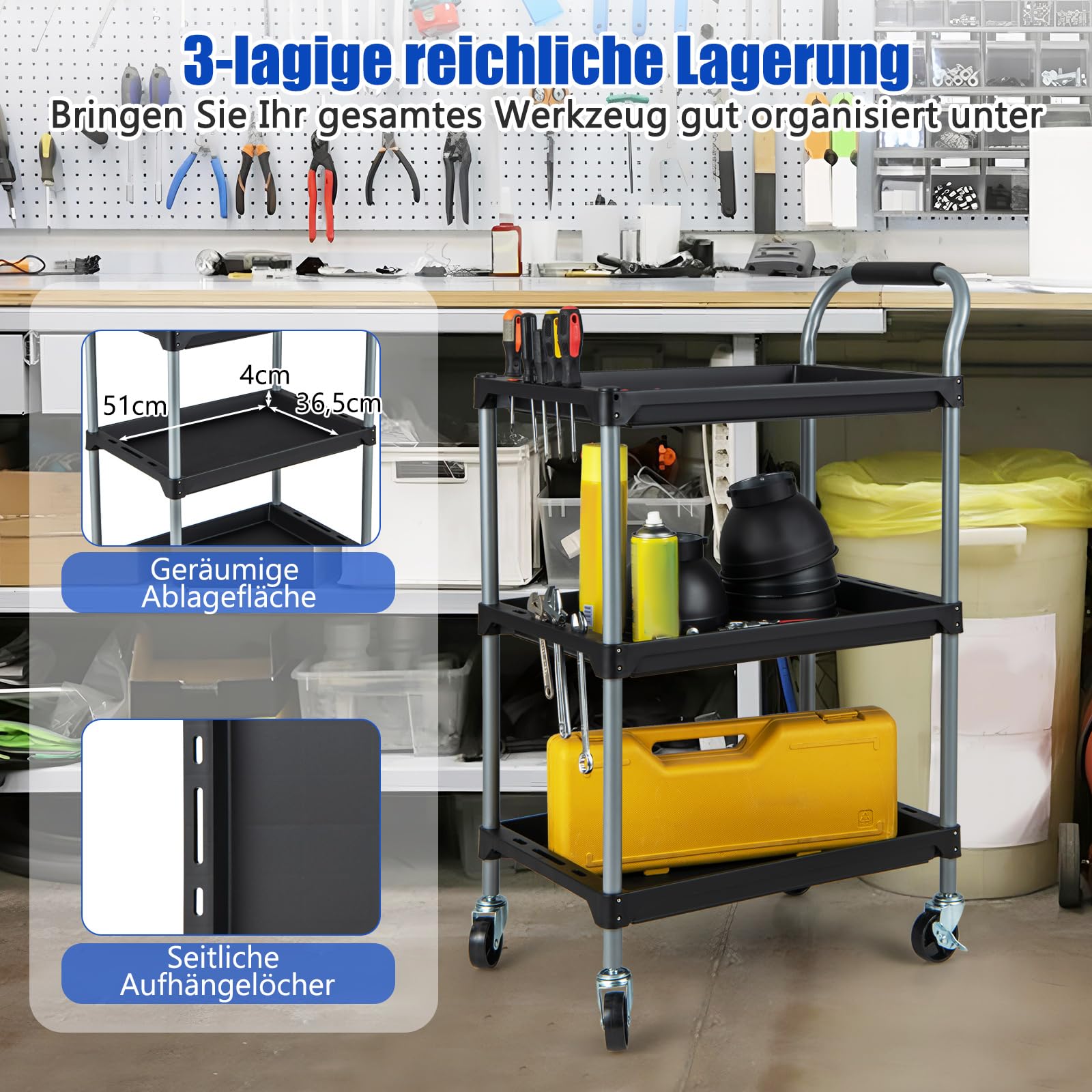 COSTWAY Rollwagen Werkstattwagen mit 3 Etagen, mobiler Werkzeugwagen mit gepolstertem Griff & Rollen, Transportwagen für Garage, Lager, Küche, 64 x 40 x 102 cm