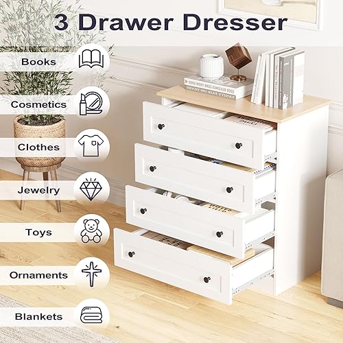 Miniatura 5 de Cómoda de 4 Cajones, Cómoda Blanca Moderna Cajonera de Almacenamiento, Organizador de Gabinete de Almacenamiento Estilo Granja con 4 Cajones para