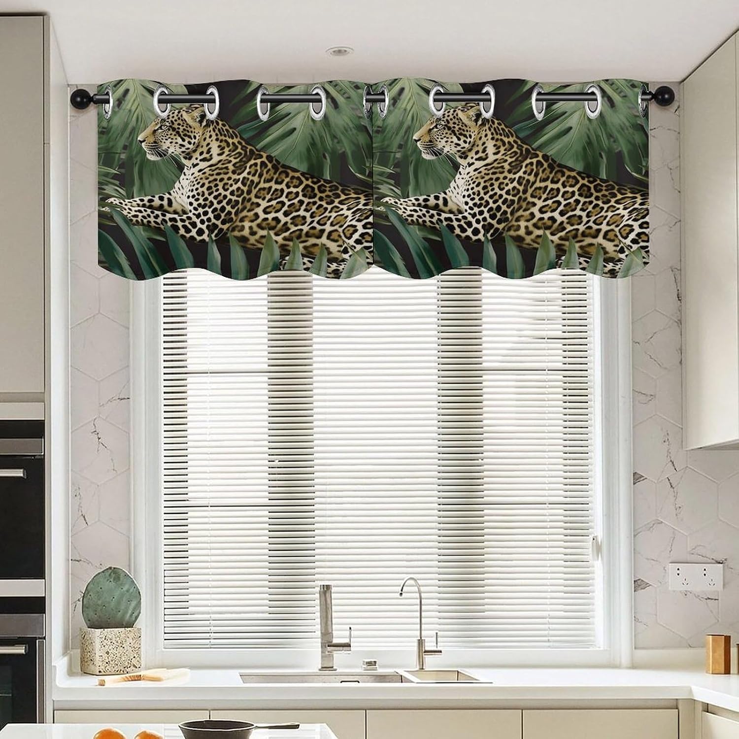 Leopard Palm Leaf Curtain 2 Panels, Polyester Fiber, Blackout Insulated Window Curtain, Curtain Valance for Kitchen Dining Room Living Room Cafe Small Window 52 * 18.1 Inches