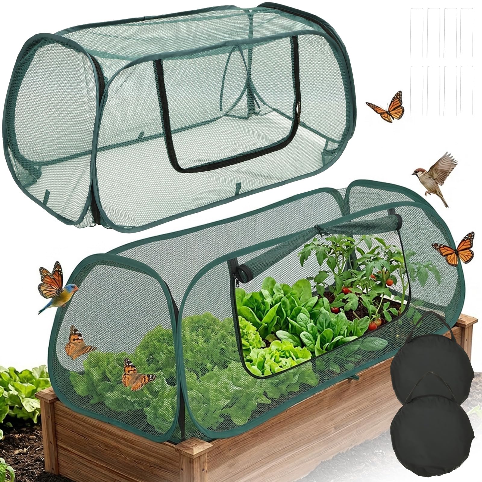 Qinglang 2Pcs Pop Up Garden Mesh Cover For Raised Beds 115X55x45cm Fruit And Vegetable Cage Dark Green Plant Crop Cage With Ground Pegs, Insect Netting Fruit Protector For Vegetables, Flowers & Seedlings(2Pcs)