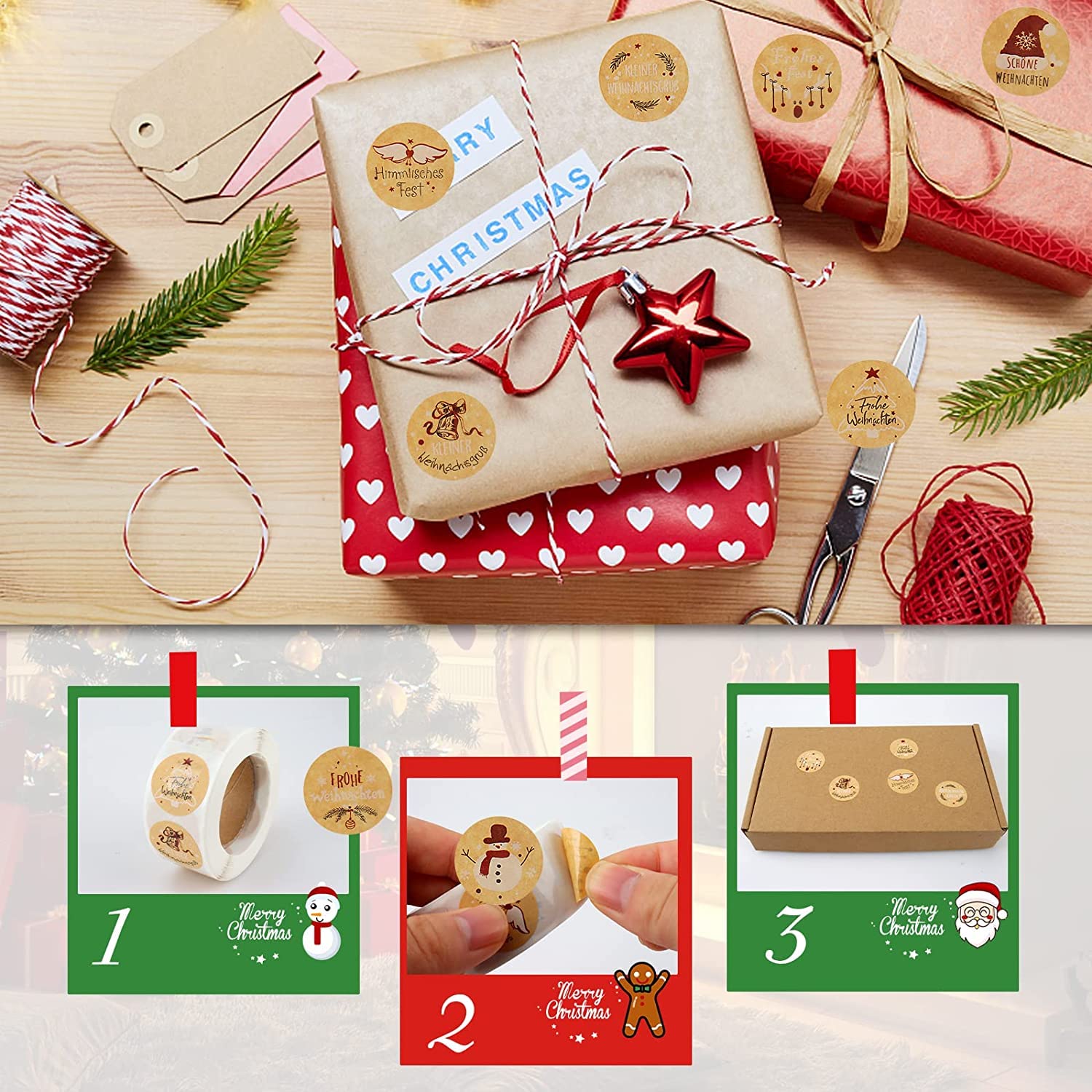 1000 Autocollants De Noël - 2 Rouleaux, Motifs Festifs - Pour Décorer Cadeaux, Enveloppes, Fenêtres - Idéal Pour Les Fêtes
