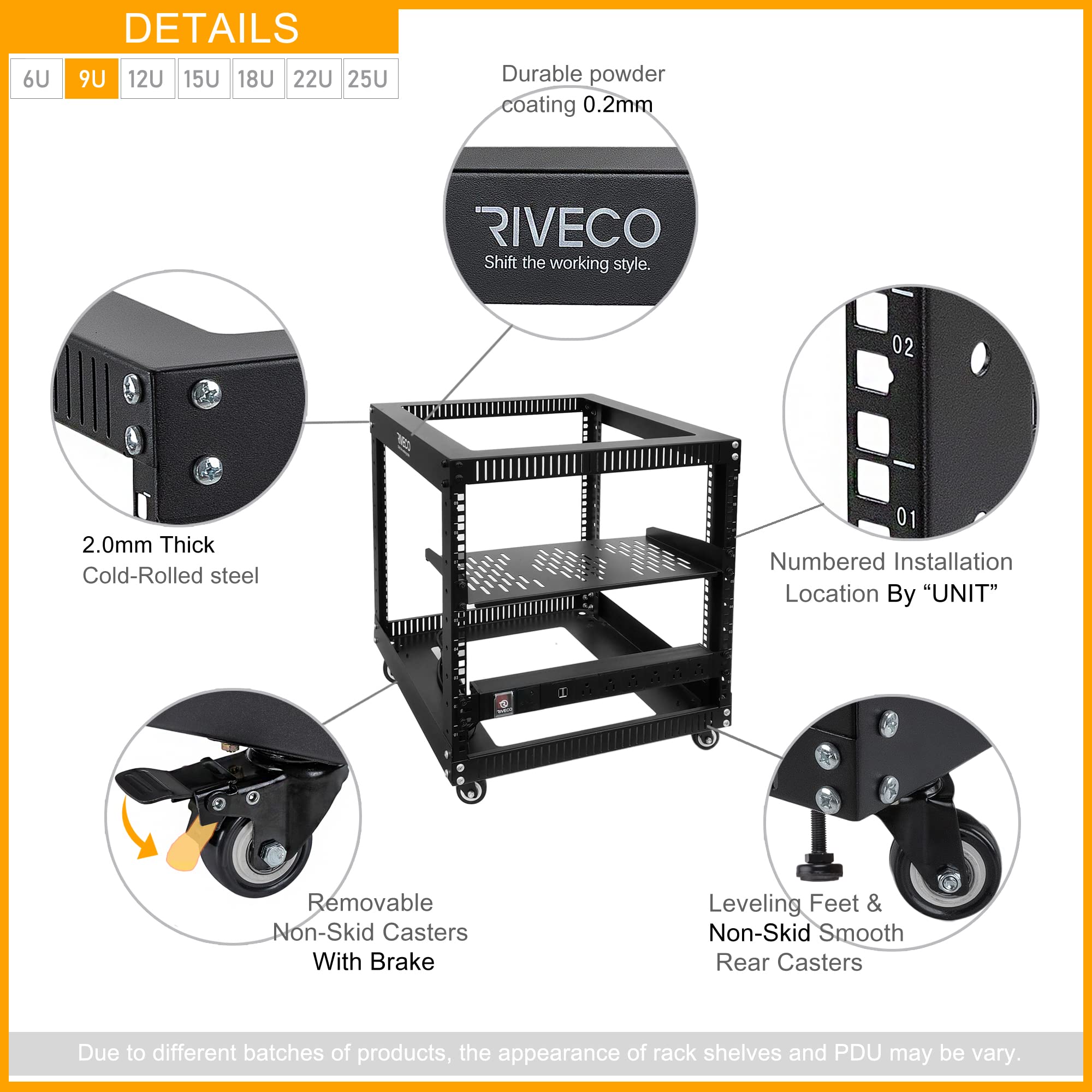 RIVECO Open Frame Server Rack with Wheels + PDU (8 Outlets) Power Strip ...