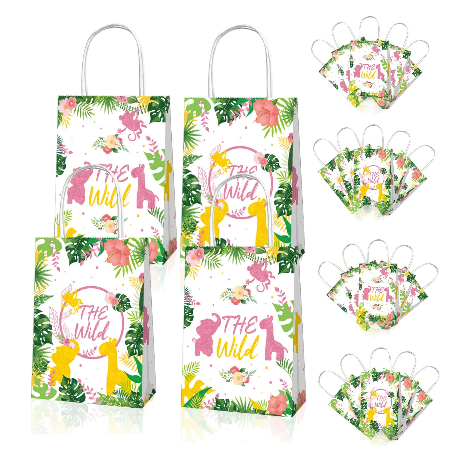 Btoyting 12 Pieces Jungle Safari Party Favor Bags, Jungle Theme Party Paper Gift Bags, Hawaiian Party Goodie Bags, Animal Pattern Candy Bags with Handles, Birthday Party Treat Bags