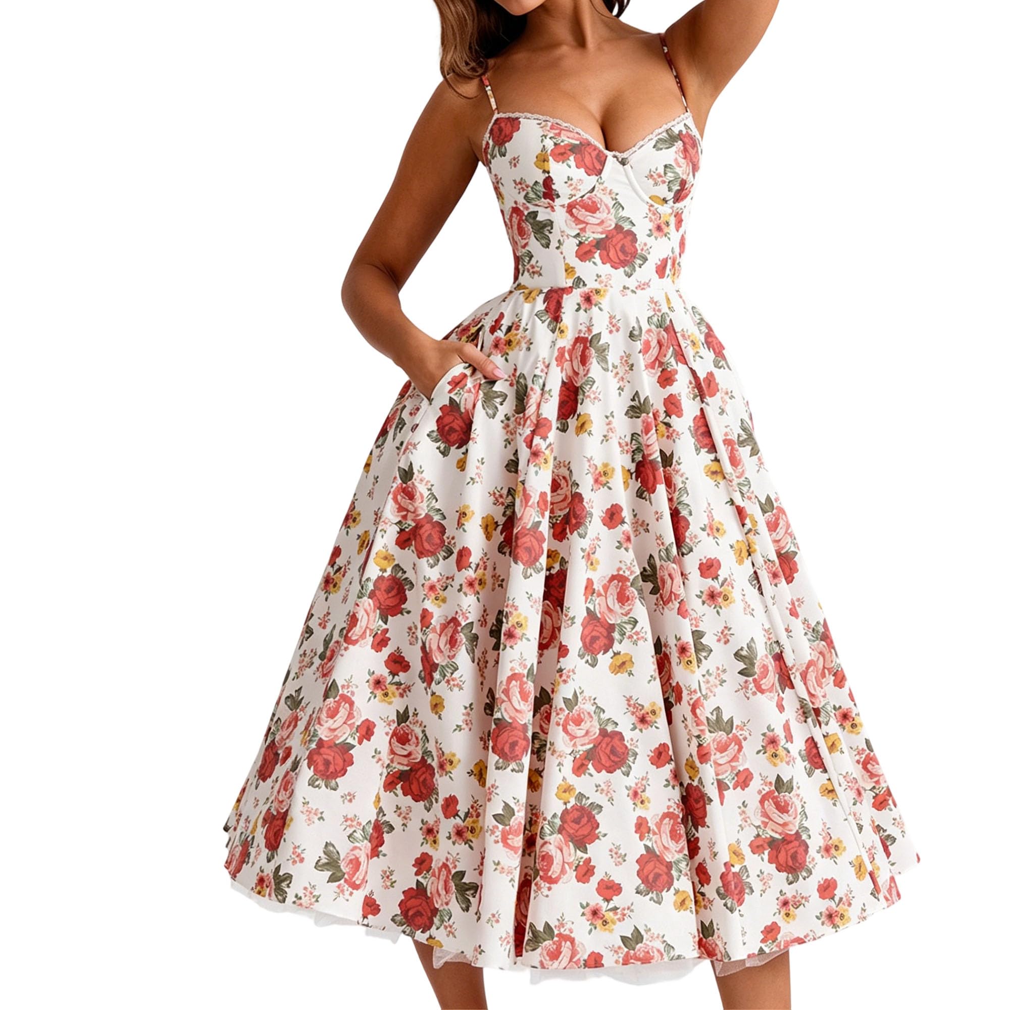 Robe midi Femme à Bretelles Spaghetti, Coupe trapèze, Satin, Robe Sexy pour Une soirée, Rose, Taille S