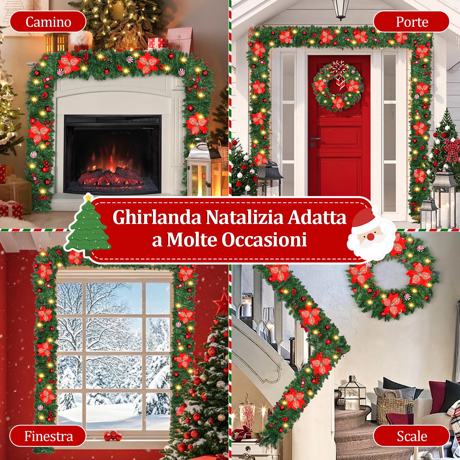 Ghirlanda Natalizia, 2.7M Ghirlande Natalizie Decorazioni Natalizie per la Casa,Ghirlanda Natalizia con Luci Alimentate Batterie,Festone Natalizio per Porta,Camini,Scale,Addobbi Natale Interni/Esterni