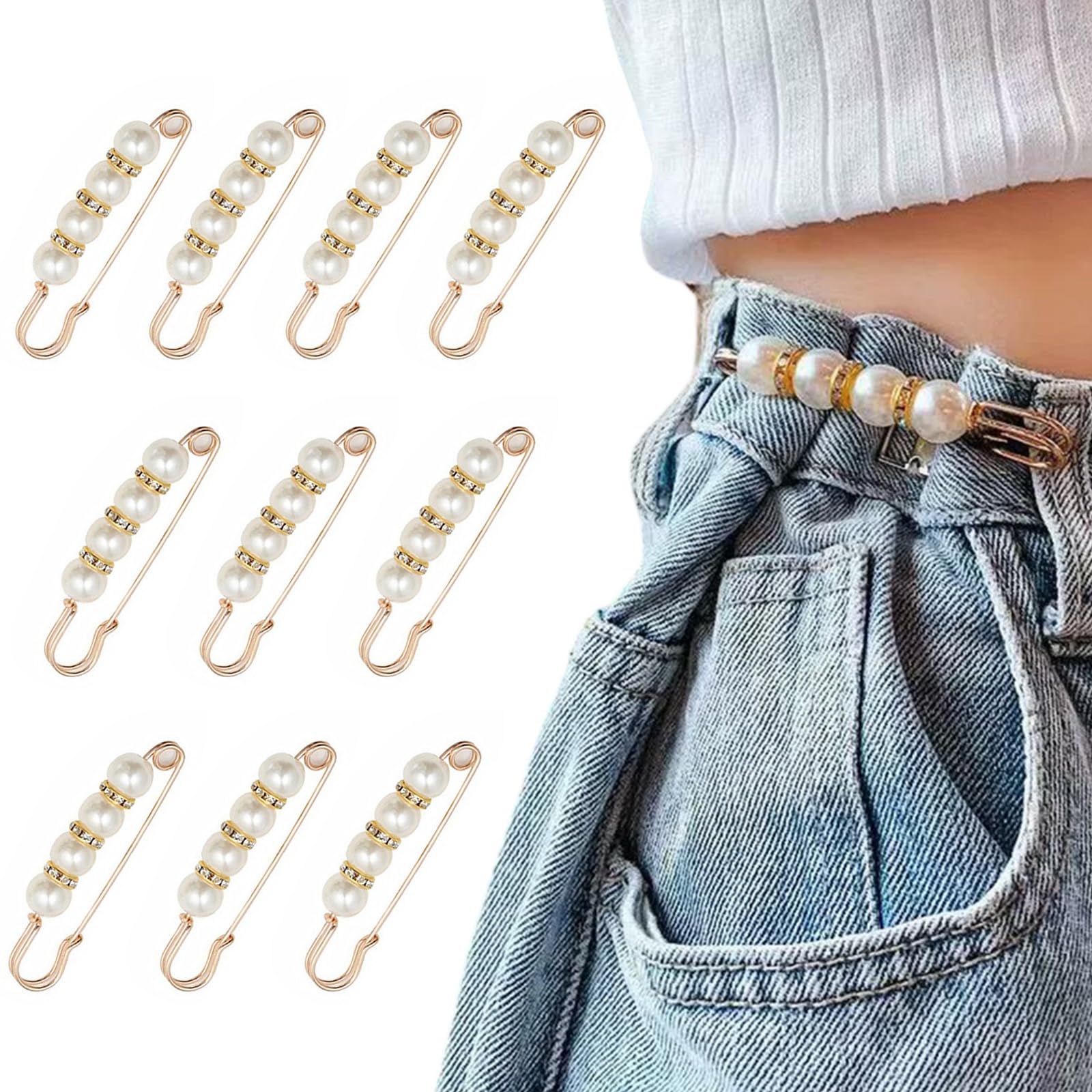 10 Pcs Heavy Duty Safety Pins with Pearl Embellishment Brooch Pin Decorative Sweater Clips for Cardigans, Pants, Clothes, Golden, 5.3X1.5X0.8CM