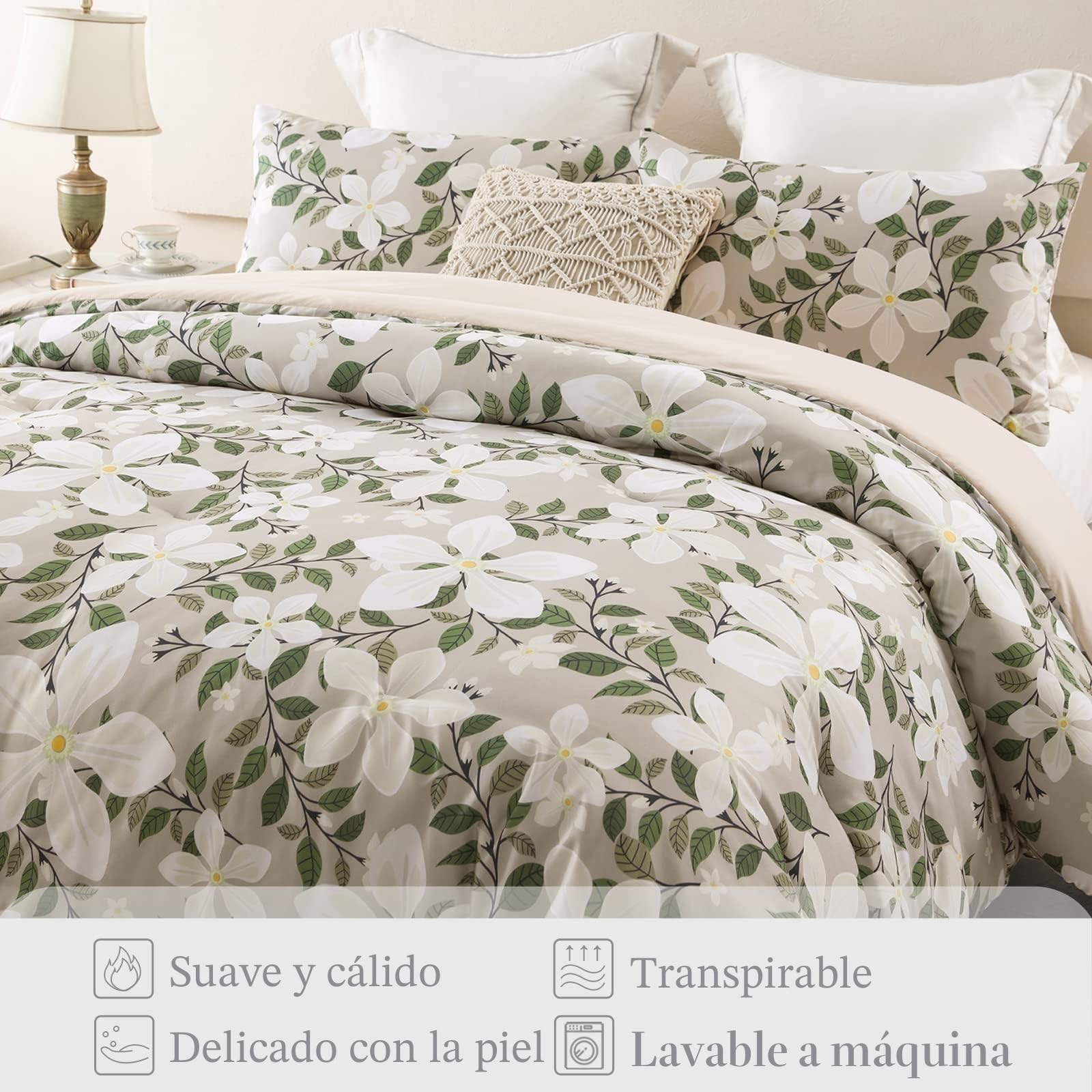 Whale Flotilla Edredón de 200 x 200 cm, Transpirable y Supersuave, para Las 4 Estaciones con 2 Fundas de Almohada, diseño de Flores Beis