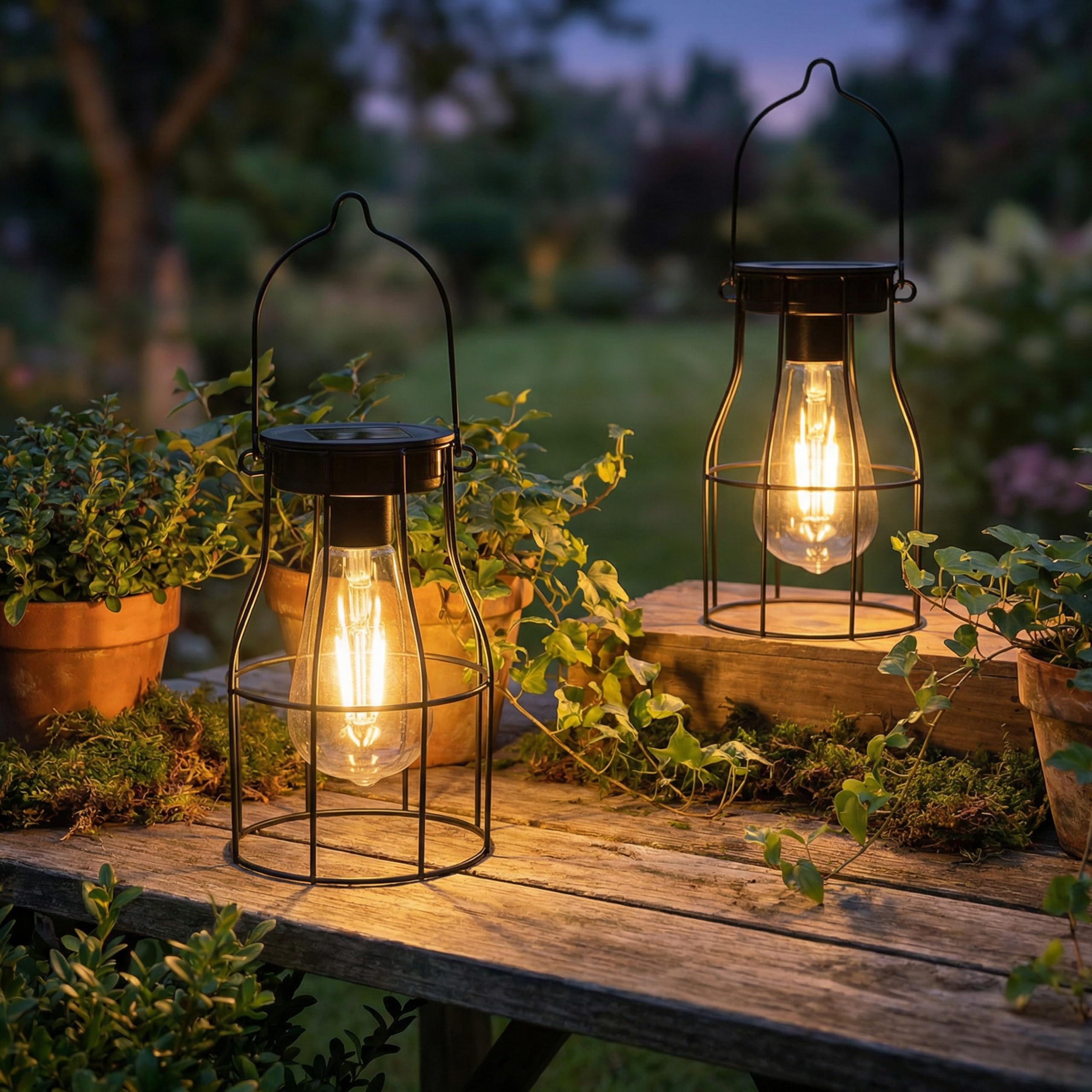 Indoor Outdoor Lantern Hanging Solar Lanterns – Glass & ABS Outdoor Waterproof Lights, Solar AAA Battery Powered, Dusk-to-Dawn Auto On/Off, 2- Pack, For Patio, Porch, Indoor Tables
