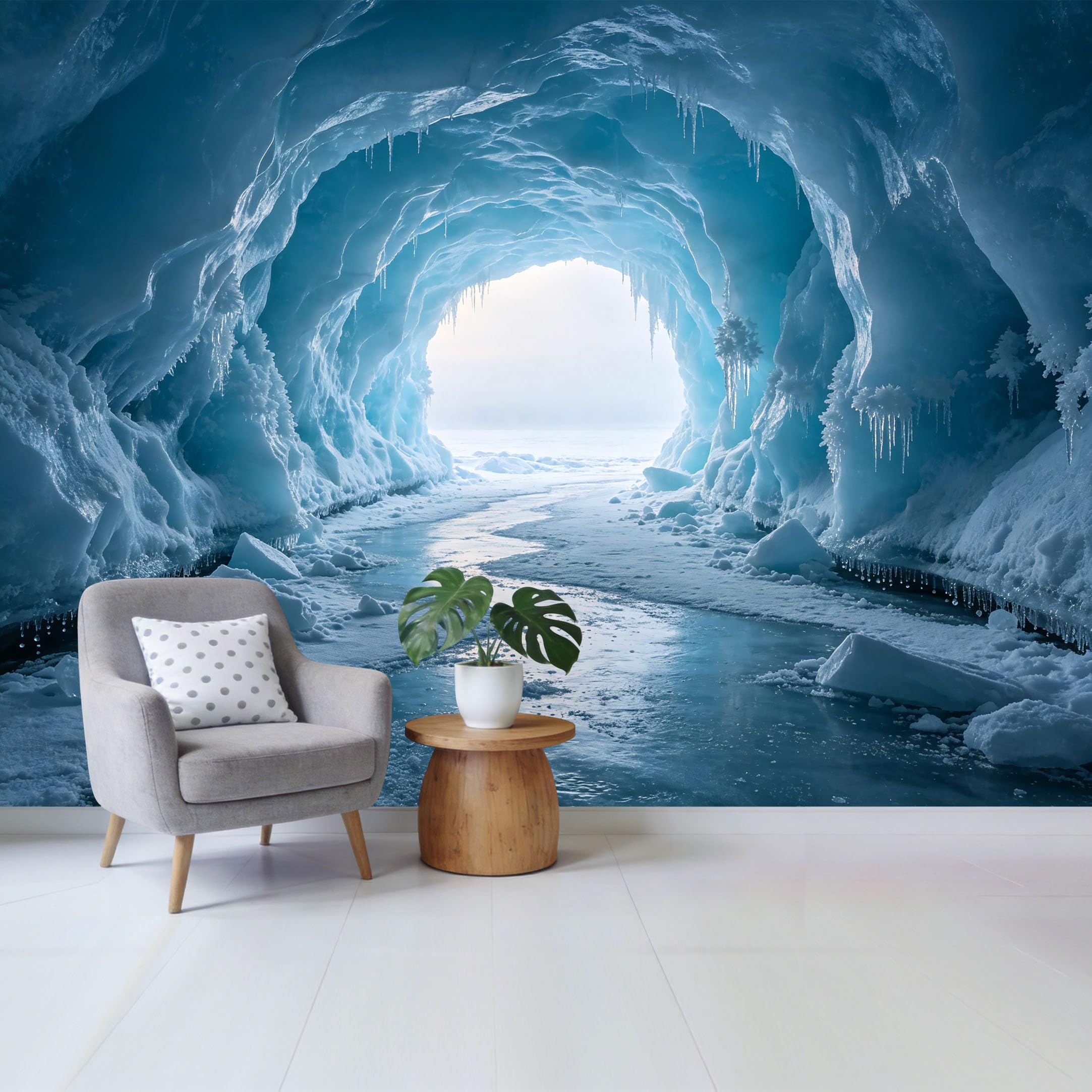 Custom Size Wall Mural Frozen Blue Ice Cave Glacial Landscape 3D Trompe L'Oeil Removable Self Adhesive Fabric Home Wall Decor for Living Room Bedroom Bathroom