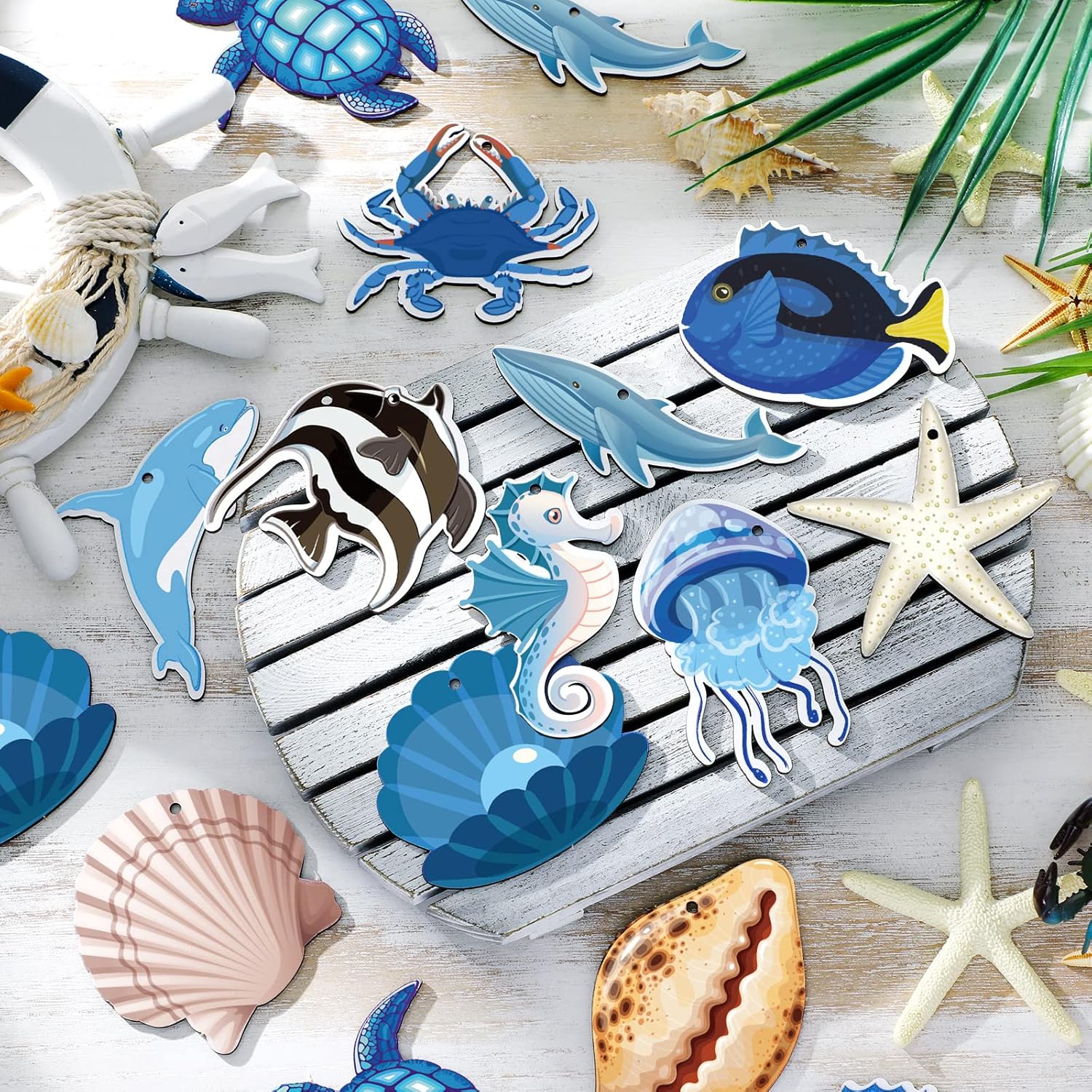 24 Pcs Summer Wooden Ornaments Ocean Beach Tree Decorations Coastal Wood Hanging Decor Beach Sea Animals Cutouts Hanging Ornaments Summer Decorations for Home Small Tree Party Office - Image 2