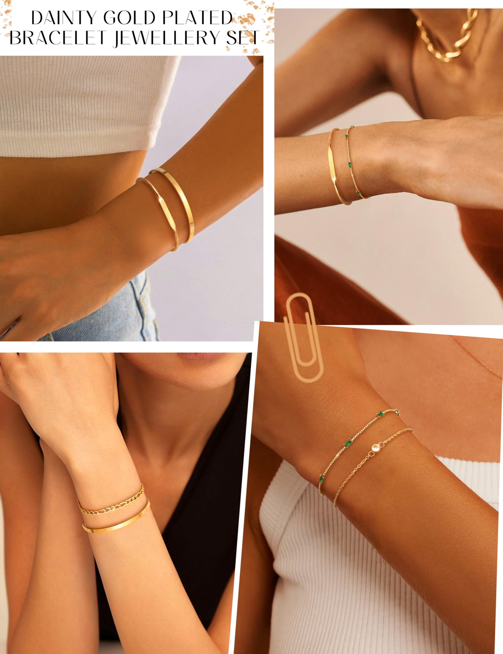 KRFY 5piezasPulseras de Oro Para Las Mujeres 14K Oro Chapado Pulsera Puño Pulsera de Tenis Conjunto Pulseras de Pila Ajustable Figaro Verde CZ Cadena — view 4