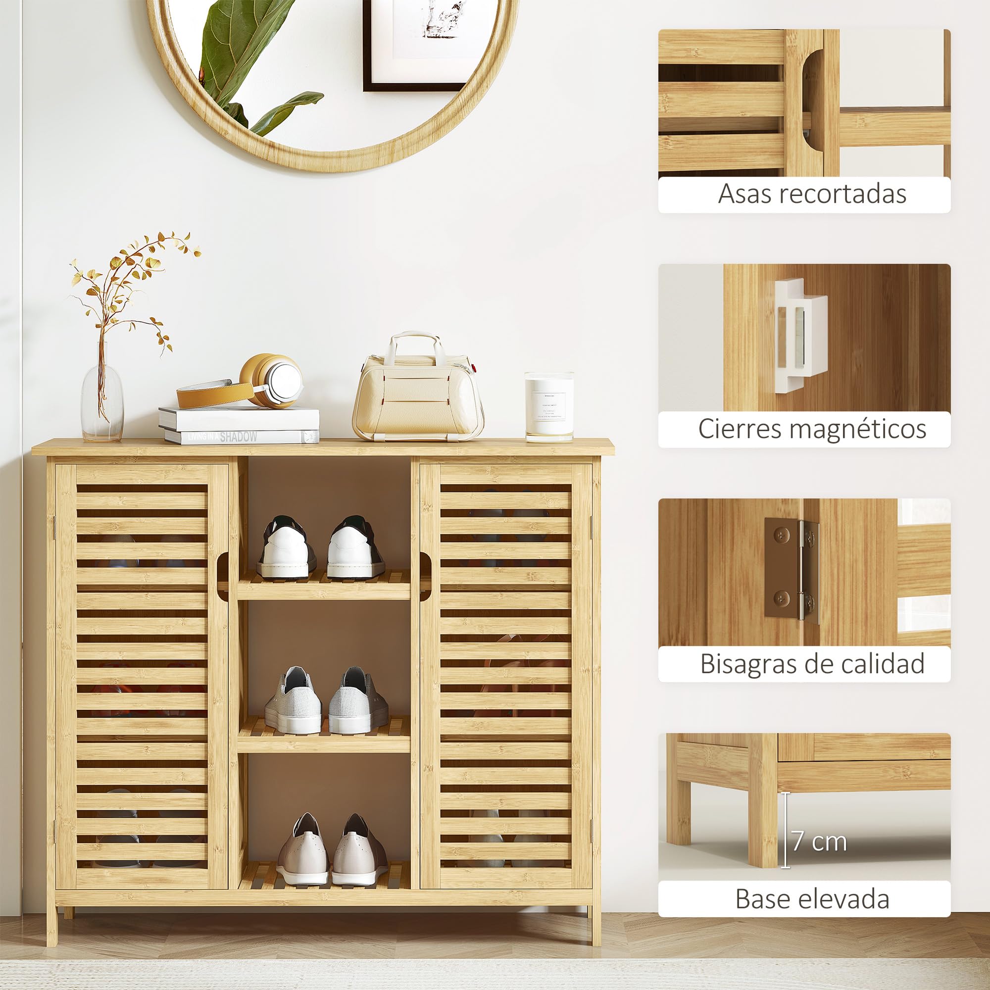 Armario de Almacenaje de Bambú 2 Puertas de Lamas 100x33x86 cm Natural | HOMCOM, Mueble Recibidor con Estantes y Compartimentos Abiertos, para Salón, Entrada
