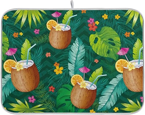 Tapete de secado de platos verde hibisco de coco tropical, tapete de secado de platos mate para encimera de cocina, tapete escurridor de platos y