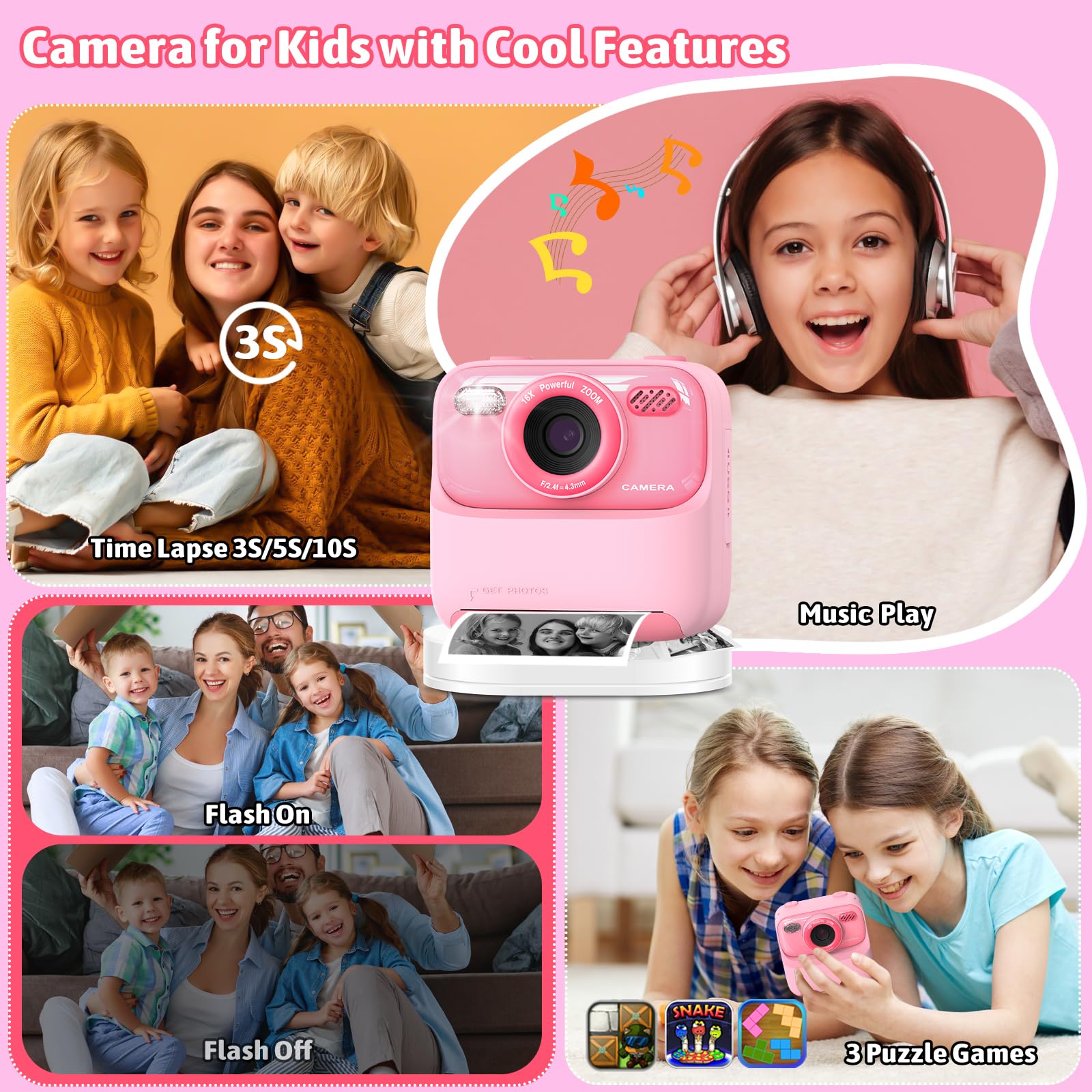 Sofortbildkamera Kinder, Digitalkamera für Mädchen Jungen, 1080P Kinderkamera Sofortbildkamera, Spielzeug | Geschenke für Kinder Alter 3-14 Jahre, mit 3Rollen Druck Fotopapier & 32GB Karte, Pink