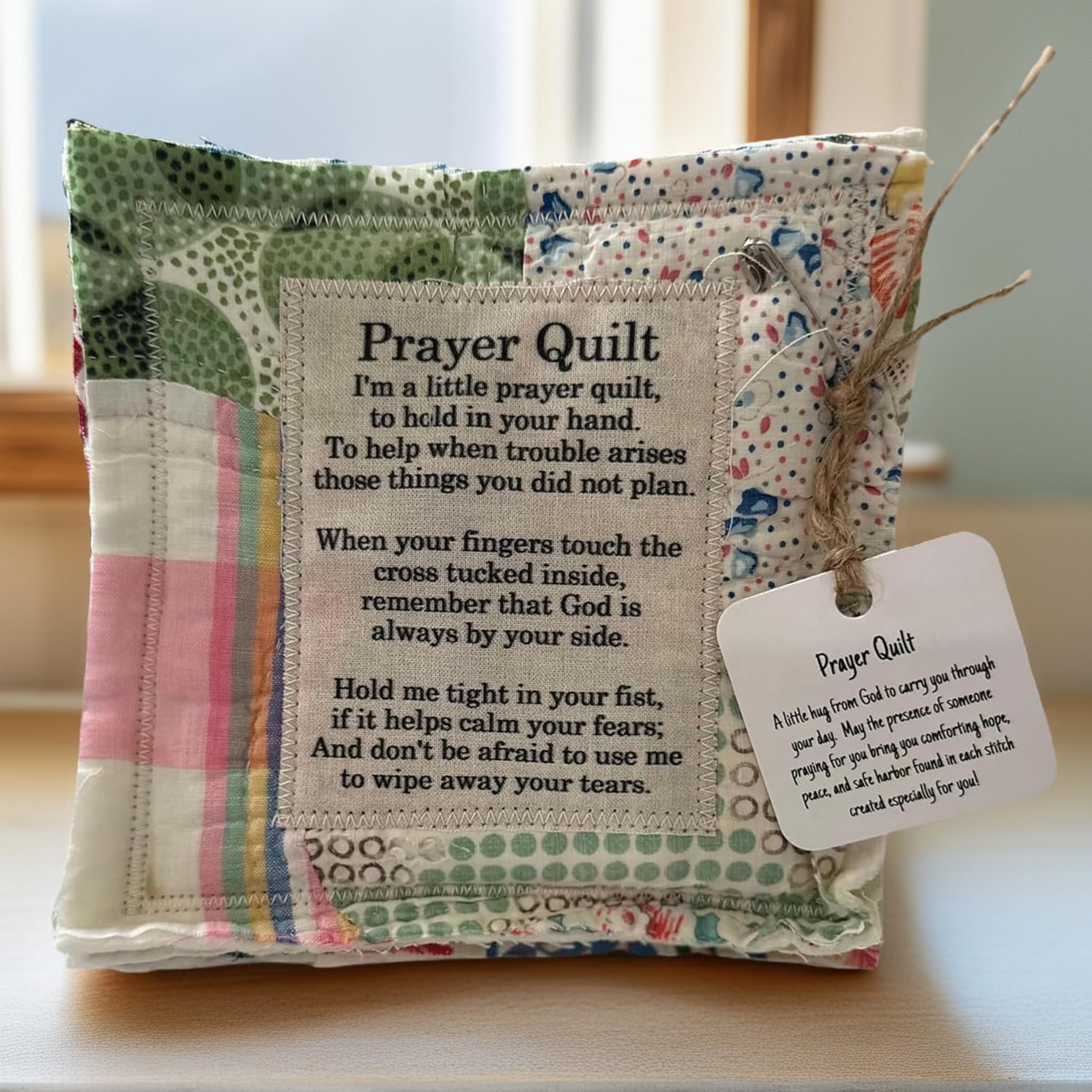 BetLight Pocket Prayer Quilt with Inspirational Message, Handmade Christian Comfort Gift, Mini Quilted Square with Cross Inside