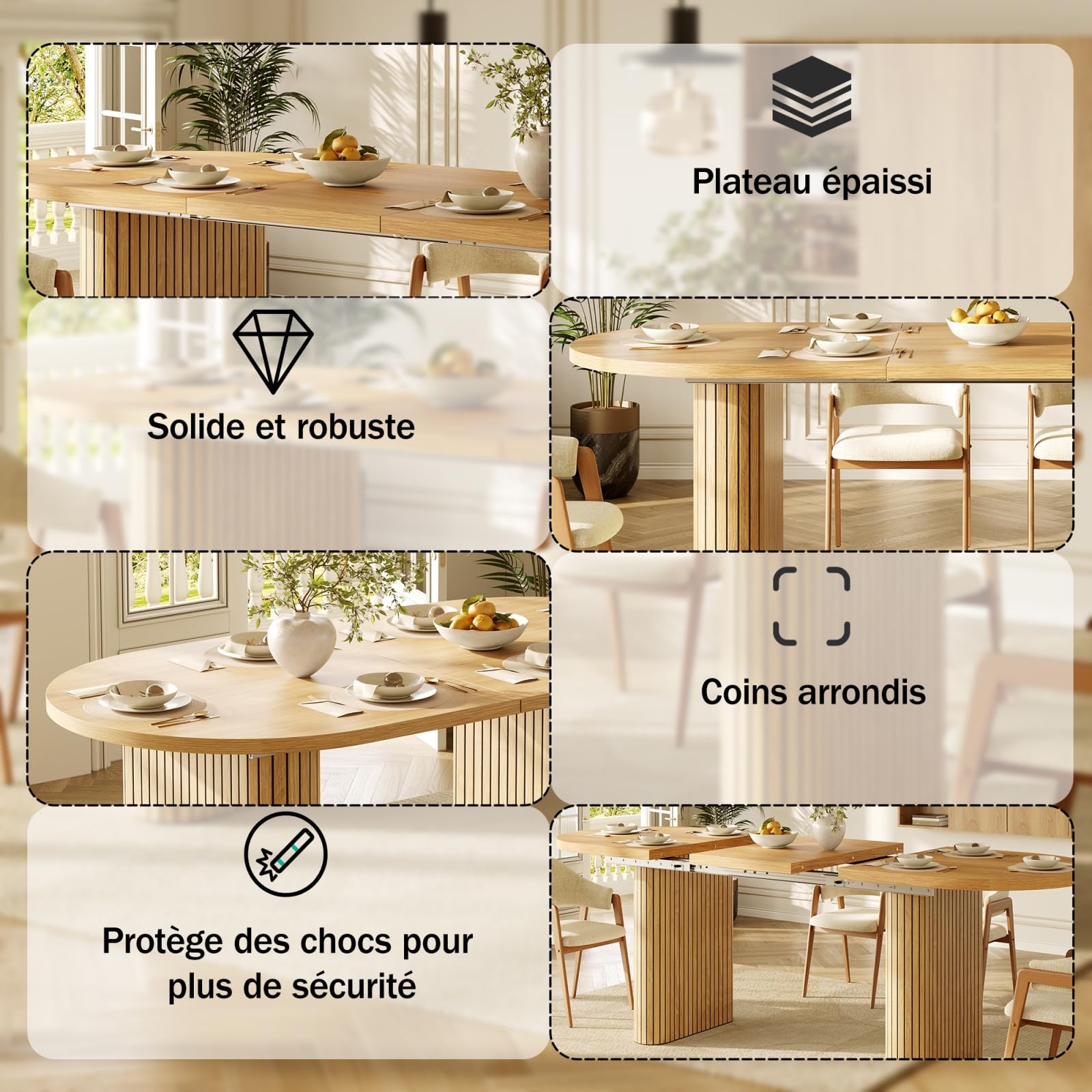 YEHTOKHOME Table à Manger Ovale Extensible 120-160cm, avec Pieds Elliptiques, Table de Cuisine avec Plateau en MDF, Coins Arrondis, Style Ferme Moderne, pour 4 à 6 Personnes (Chêne-2)