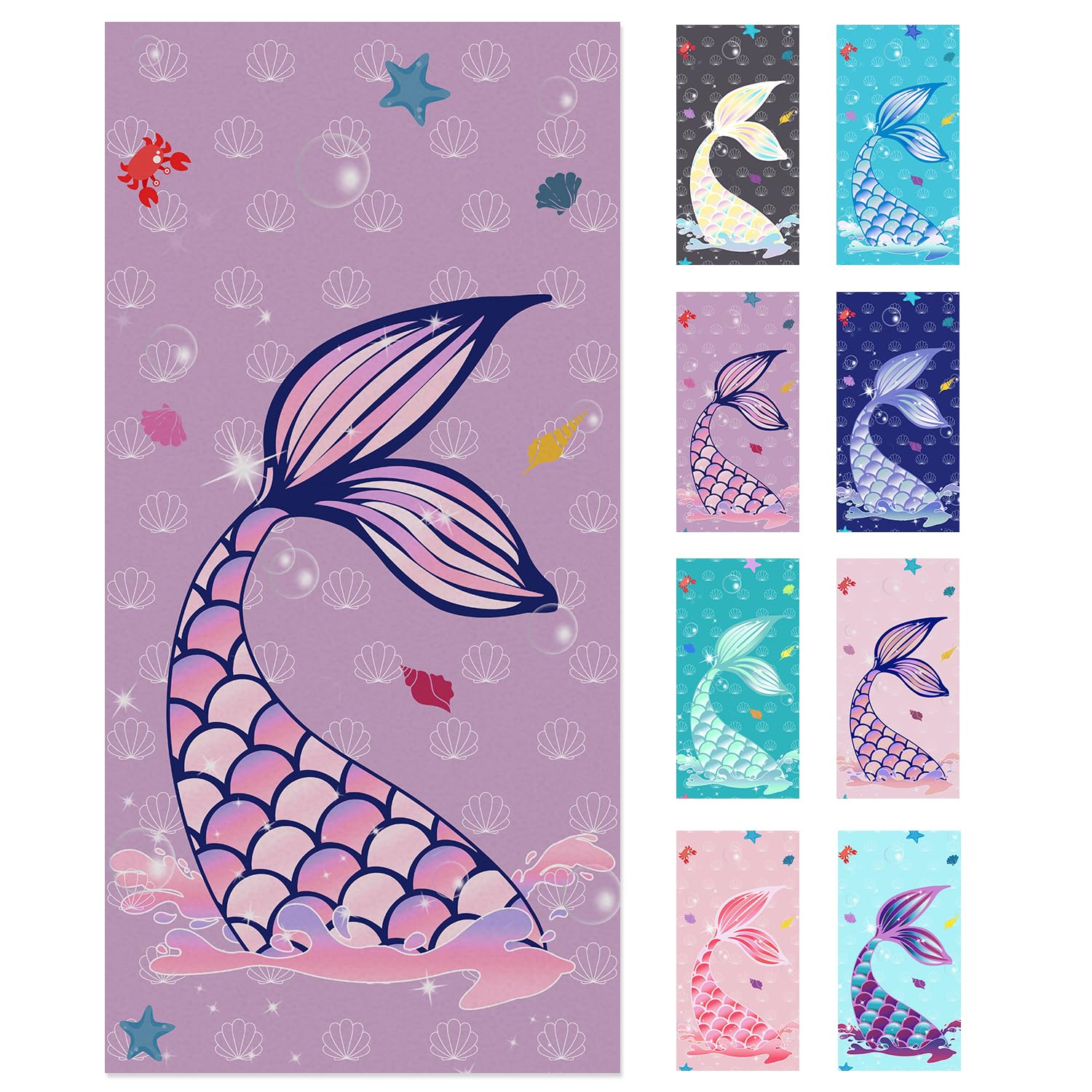 Jessy Home 4 Pack Mermaid Beach Towel 30"x60" Soft Microfiber Swim Towels Absorbent Quick Dry Sand Free Beach Towels Set for Girls &amp; Women for Beach Travel - Light Purple