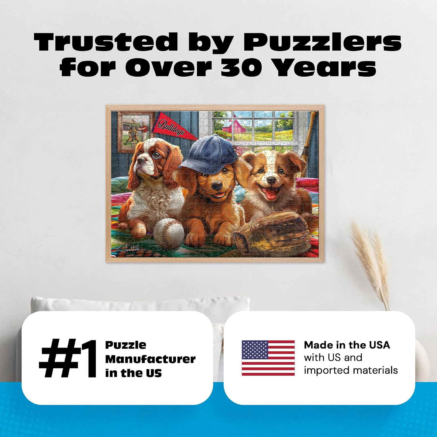 Ceaco – Puppy Players – 500 Piece Oversized Jigsaw Puzzle by Tom Wood, Playful Baseball Dogs, EZ-Hold Larger Pieces, Made in the USA